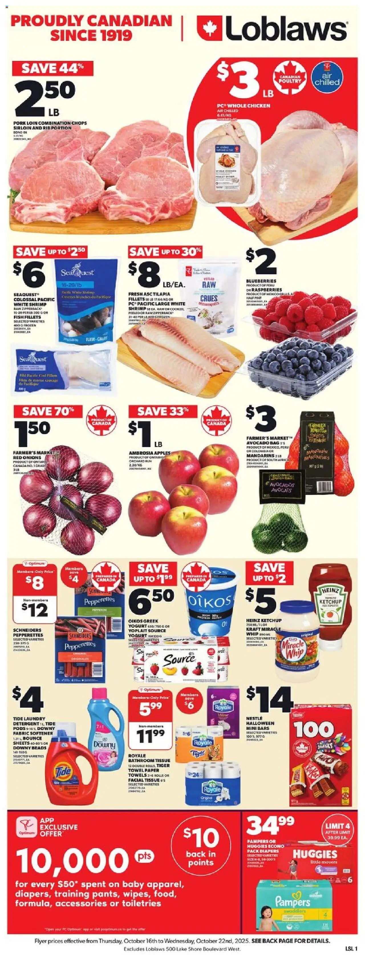 Loblaws flyer valid from 16.10.2025 | Page: 4 | Products: Detergent, Yogurt, Chicken, Apples