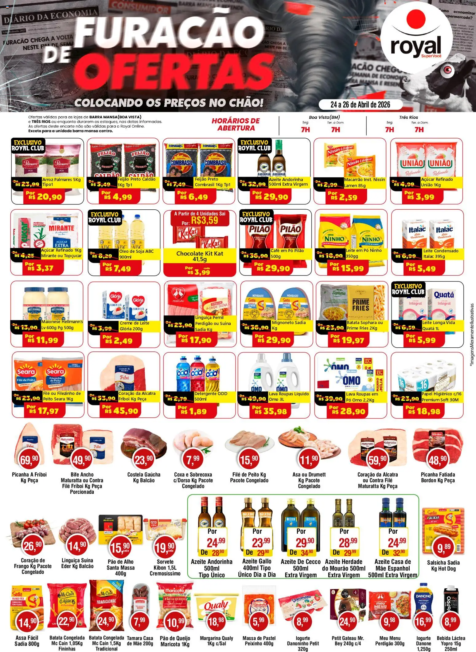 Royal Supermercados Folheto - válido de 24.04.2026 | Página: 1 | Produtos: Leite, Frango, Azeite, Soja