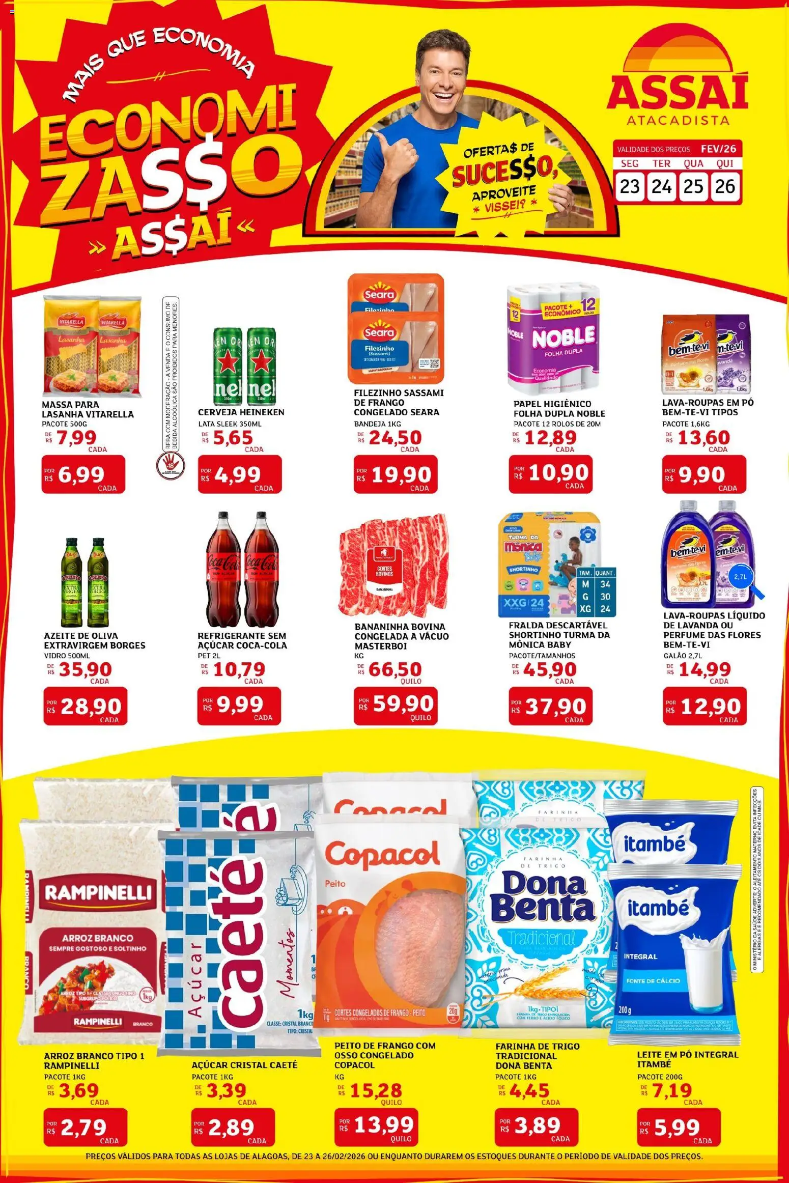 Assaí Atacadista Folheto - válido de 23.02.2026 | Página: 1 | Produtos: Farinha de trigo, Cerveja Heineken, Cálcio, Bebida
