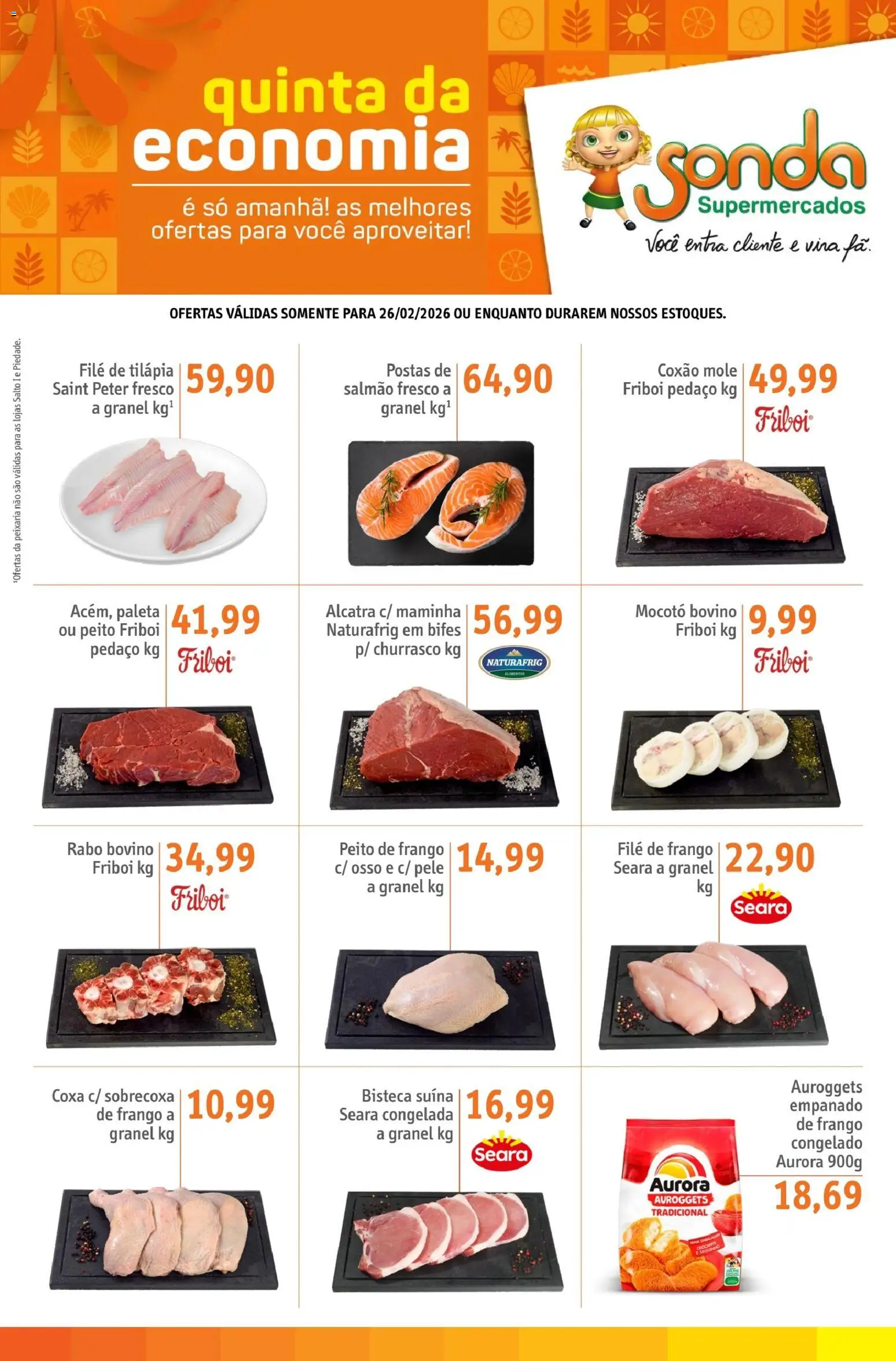 Sonda Folheto - válido de 26.02.2026 | Página: 1 | Produtos: Salmão, Maminha, Filé de frango, Filé de tilápia