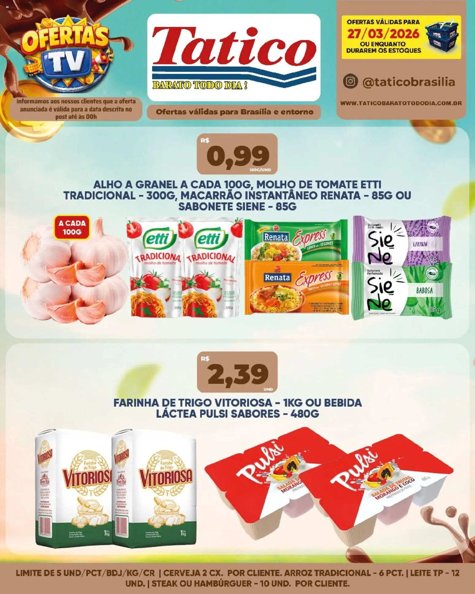 Tatico Folheto - válido de 27.03.2026 | Página: 1 | Produtos: Leite, Arroz, Macarrão, Macarrão instantâneo