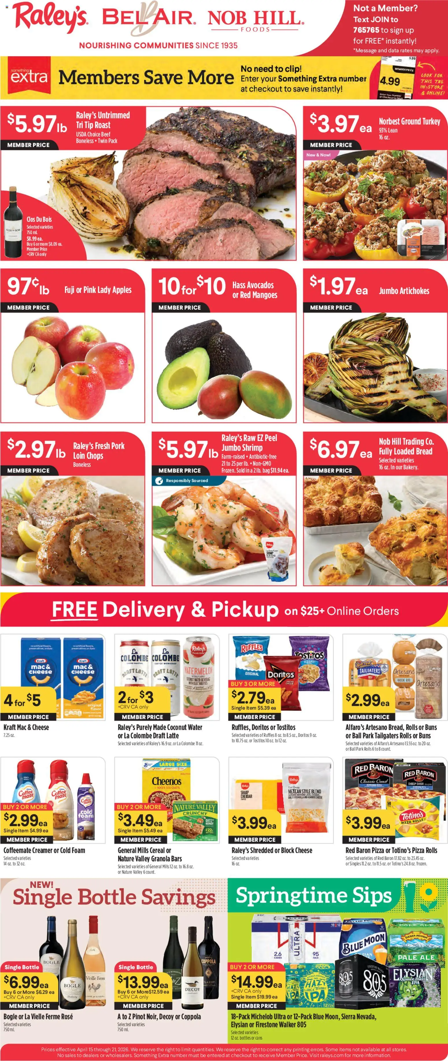Raley's Weekly Ad - valid from 15.04.2026 | Page: 1 | Products: Bread, Coffee, Beef, Water