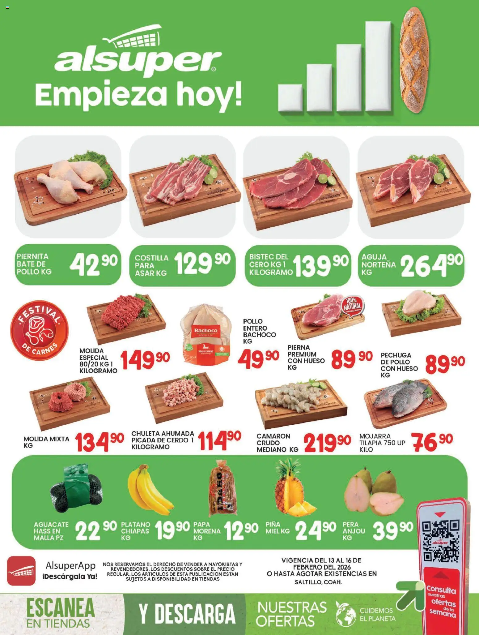 Nuevas ofertas de Alsuper válidas en toda la República Mexicana desde el 13.02.2026. ¡Encuentra las mejores ofertas en Alsuper folleto Saltillo! | Página: 1 | Productos: Pollo, Plátano, Aguacate, Cerdo