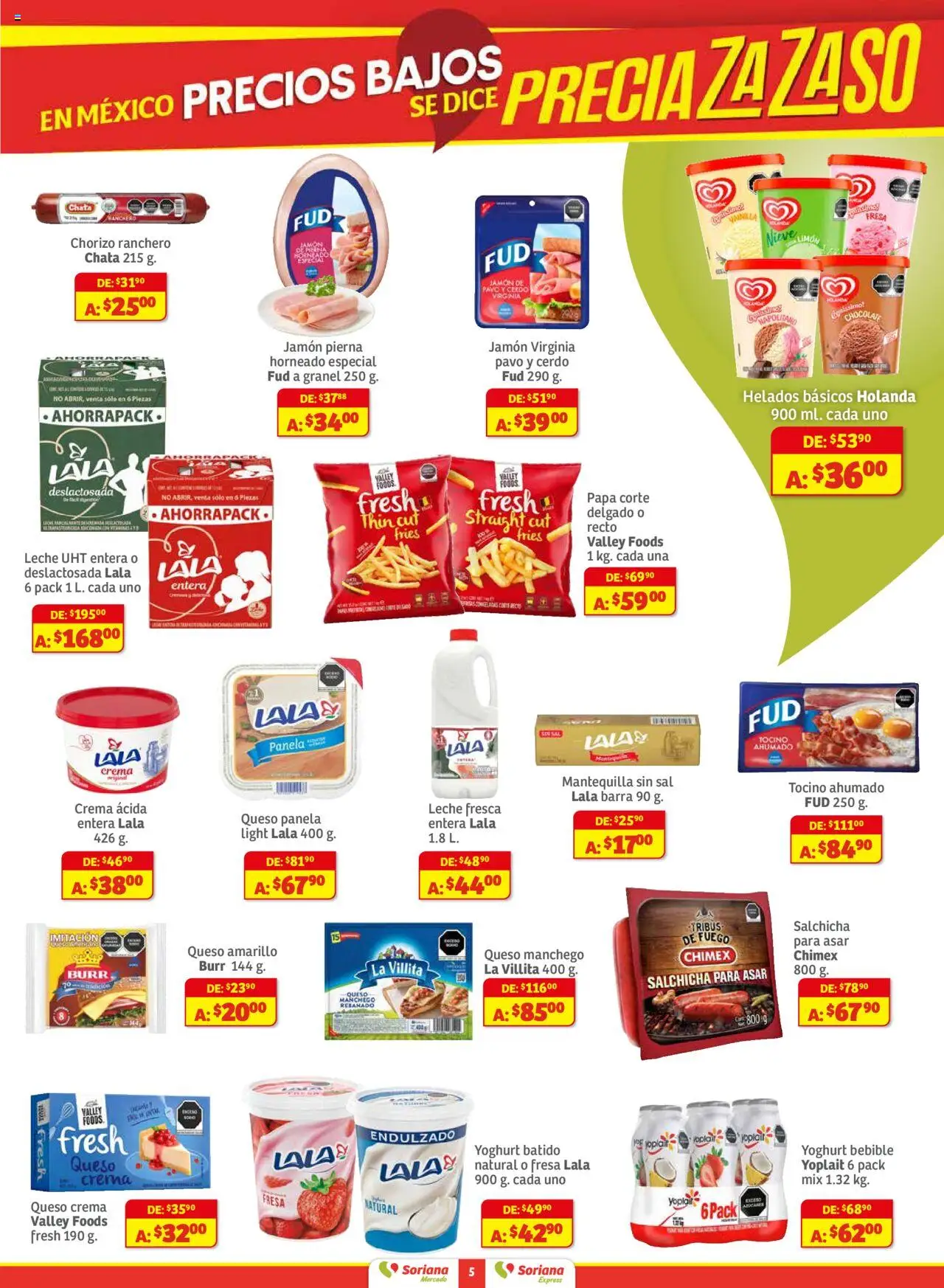 Nuevas ofertas de Soriana válidas en toda la República Mexicana desde el 01.08.2025. ¡Encuentra las mejores ofertas en Soriana - Preciazazaso Mercado: BCS, Jal, Nay, Sin, Son! | Página: 5 | Productos: Salchicha, Leche, Jamón, Barra