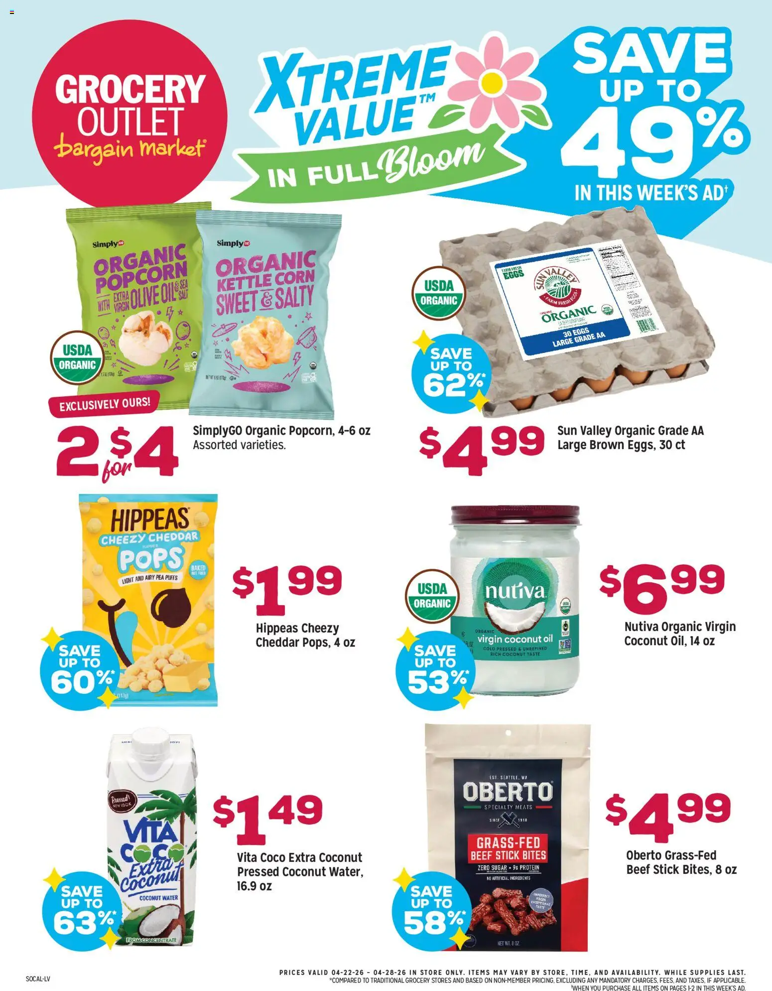 Grocery Outlet Weekly Ad - CA - valid from 22.04.2026 | Page: 1 | Products: Corn, Eggs, Beef, Water