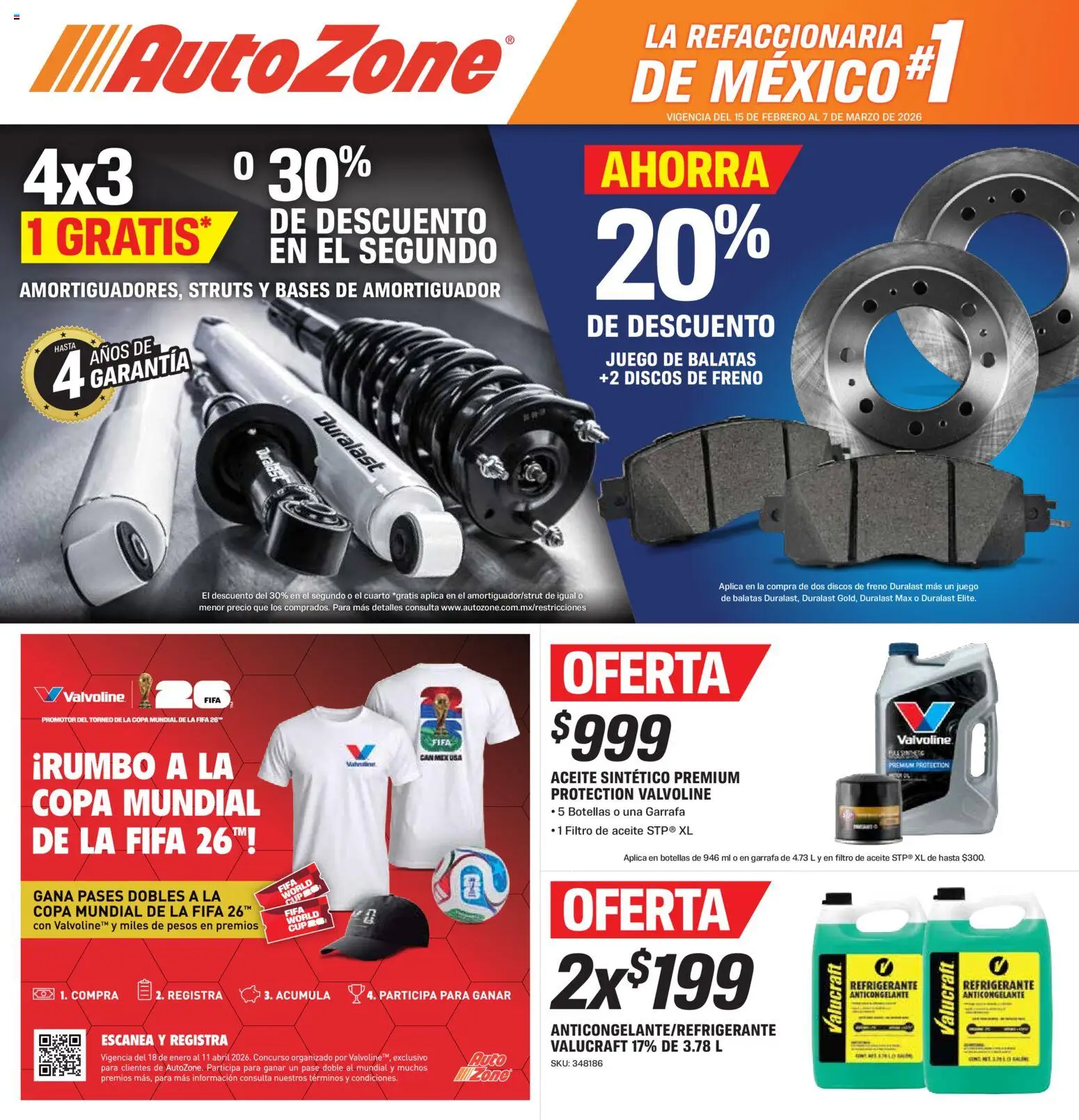 Nuevas ofertas de AutoZone válidas en toda la República Mexicana desde el 15.02.2026. ¡Encuentra las mejores ofertas en AutoZone catálogo! | Página: 1 | Productos: Aceite, Juego