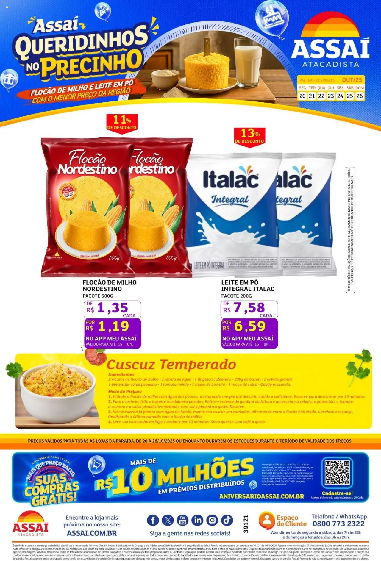 Assaí Atacadista Folheto - válido de 20.10.2025 | Página: 1 | Produtos: Queijo, Base, Bebida, Telefone