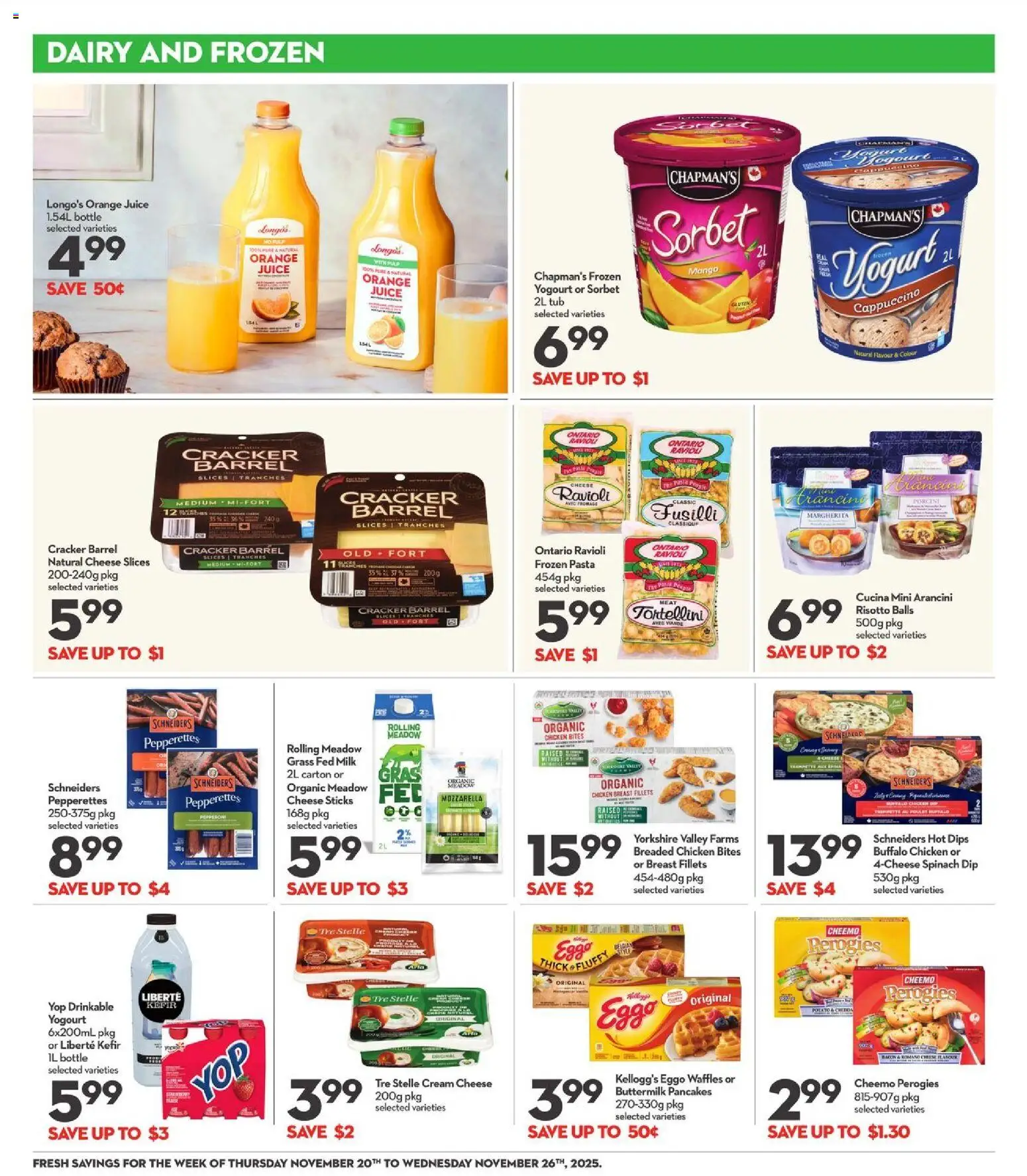 Longo's flyer valid from 20.11.2025 | Page: 8 | Products: Pasta, Milk, Yogurt, Chicken