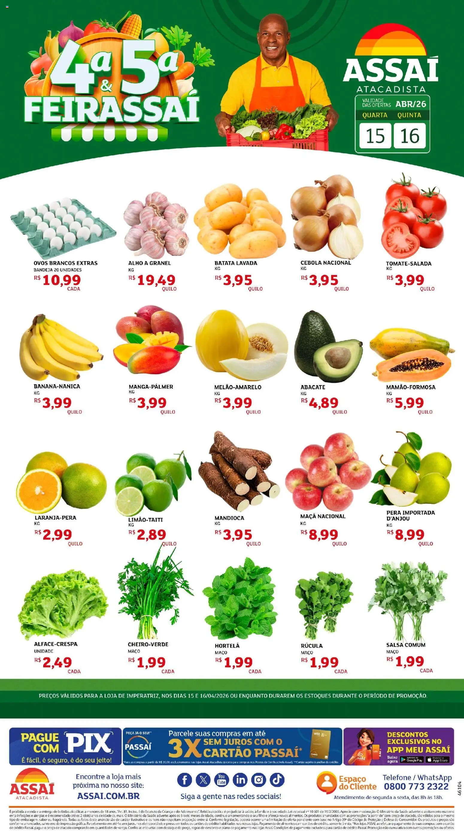 Assaí Atacadista Folheto - válido de 15.04.2026 | Página: 1 | Produtos: Mandioca, Ovos, Pneus, Base