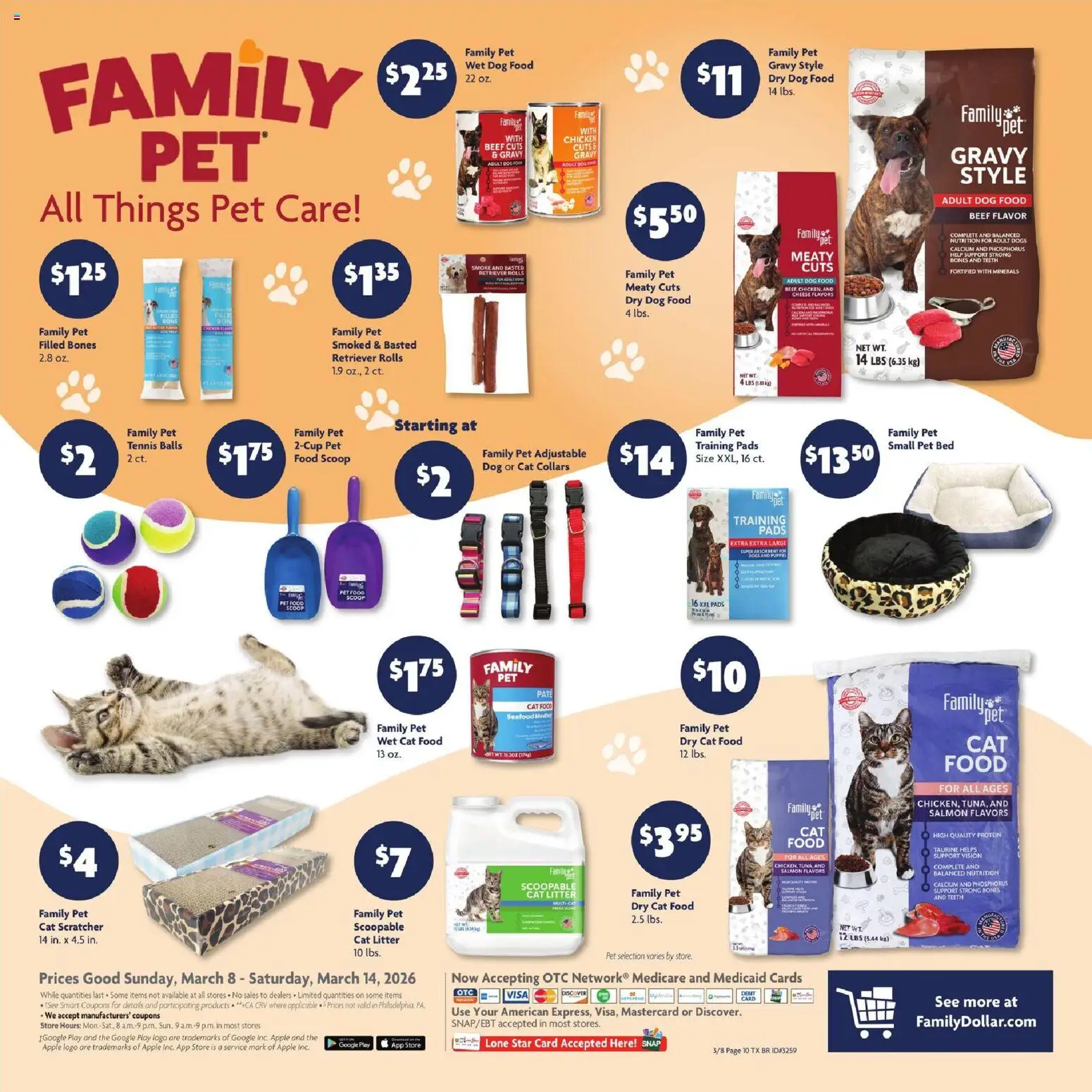Family Dollar Weekly Ad - valid from 08.03.2026 | Page: 11 | Products: Cat Food, Cat Litter, Pads, Seafood