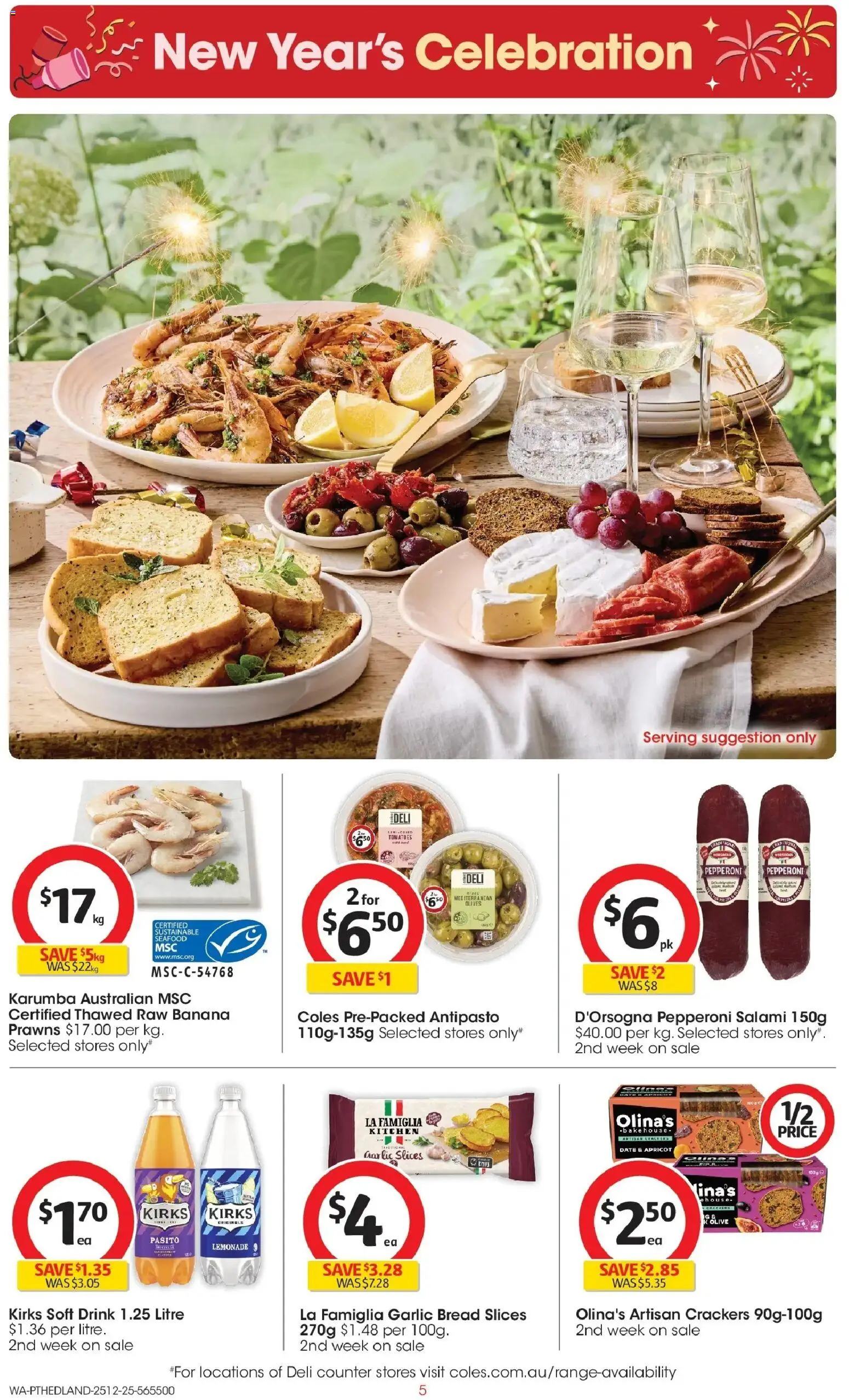 Coles catalogue - valid from 25.12.2025 | Page: 5 | Products: Salami, Olives, Prawns, Sustainable