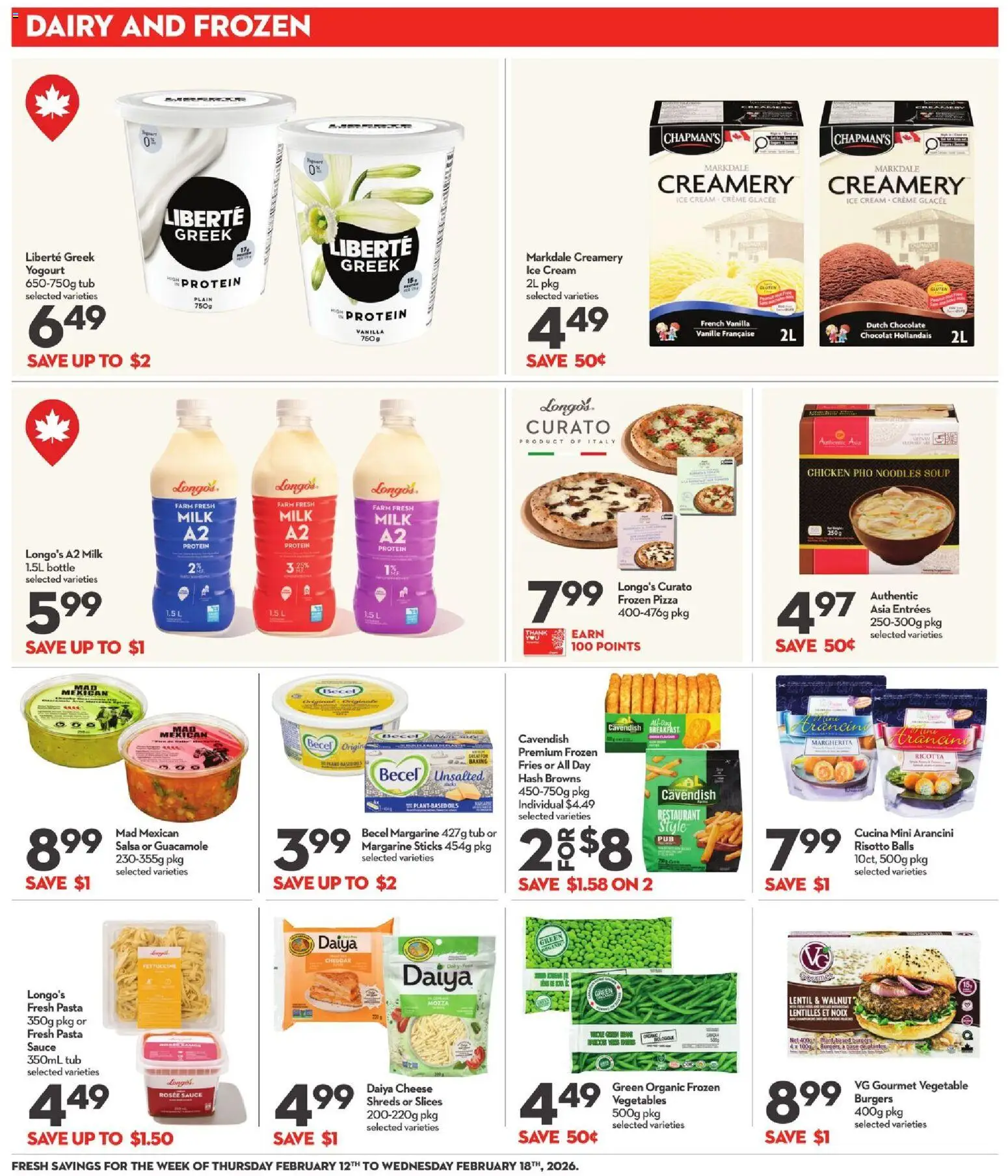 Longo's flyer valid from 12.02.2026 | Page: 16 | Products: Ice cream, Milk, Cheese, Pizza