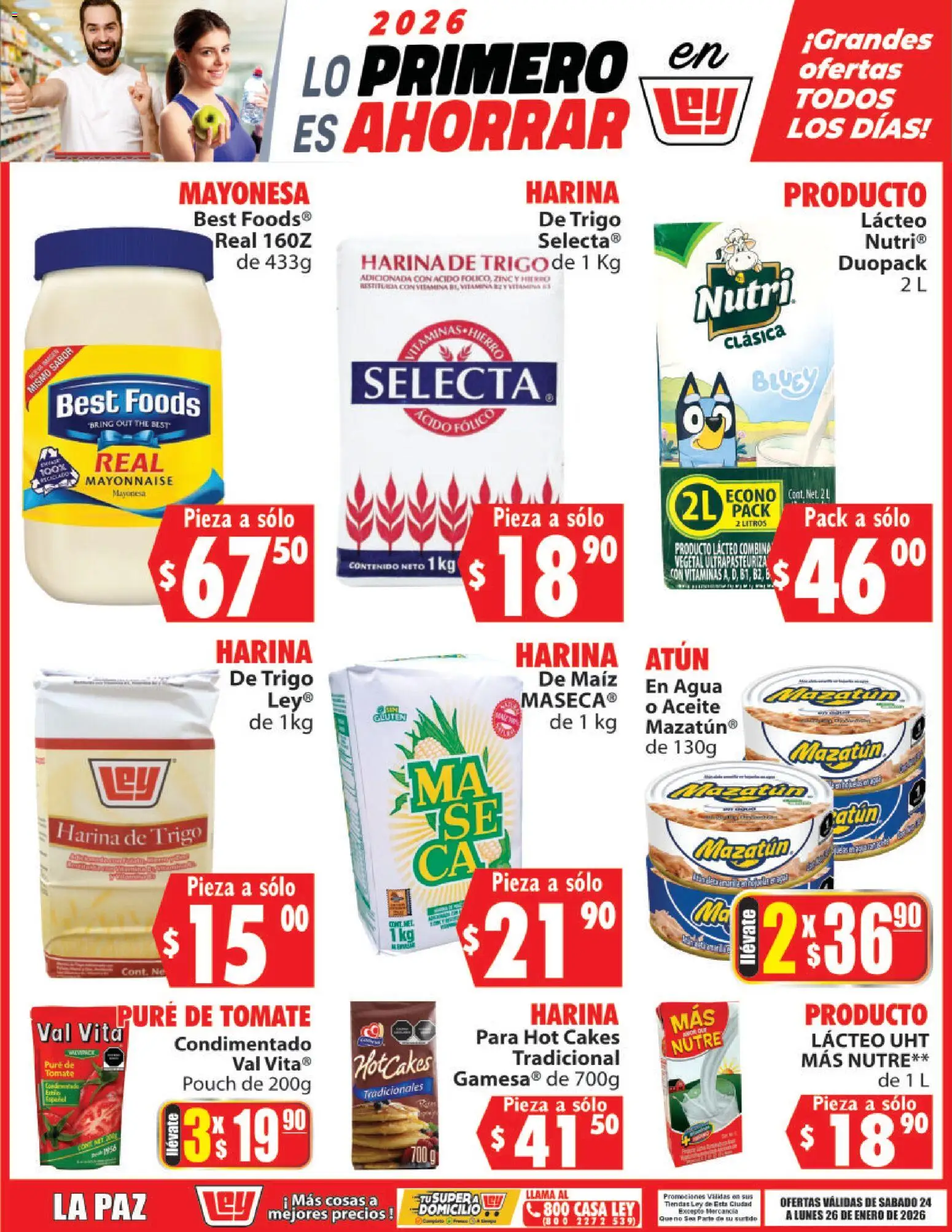 Nuevas ofertas de Casa Ley válidas en toda la República Mexicana desde el 24.01.2026. ¡Encuentra las mejores ofertas en Casa Ley folleto Lo Primero Es Ahorrar! | Página: 1 | Productos: Harina, Atún, Tomate, Agua