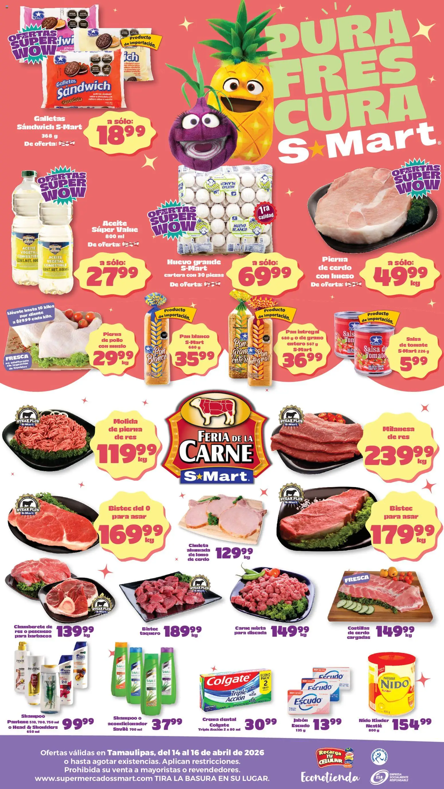 Nuevas ofertas de S-Mart válidas en toda la República Mexicana desde el 14.04.2026. ¡Encuentra las mejores ofertas en S-Mart folleto Reynosa! | Página: 2 | Productos: Res, Galletas, Acondicionador, Jabón