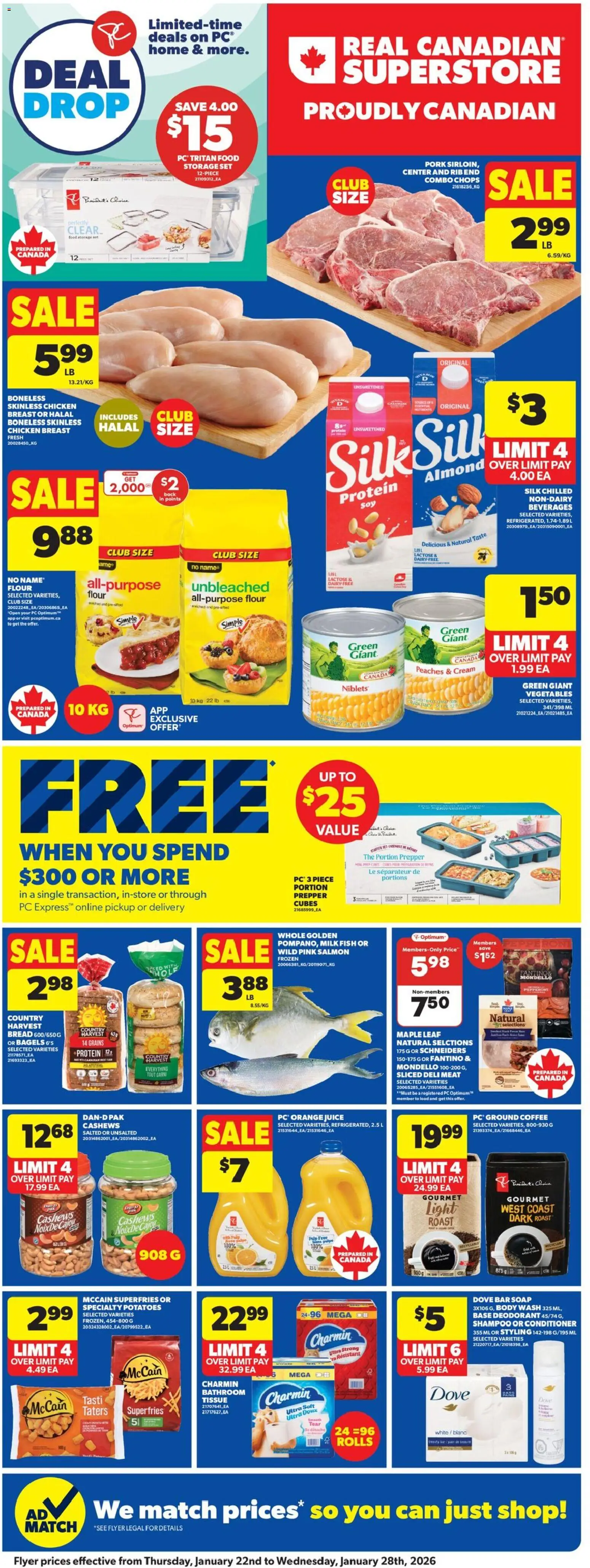 Real Canadian Superstore flyer valid from 22.01.2026 | Page: 4 | Products: Cream, Potatoes, Juice, Pork