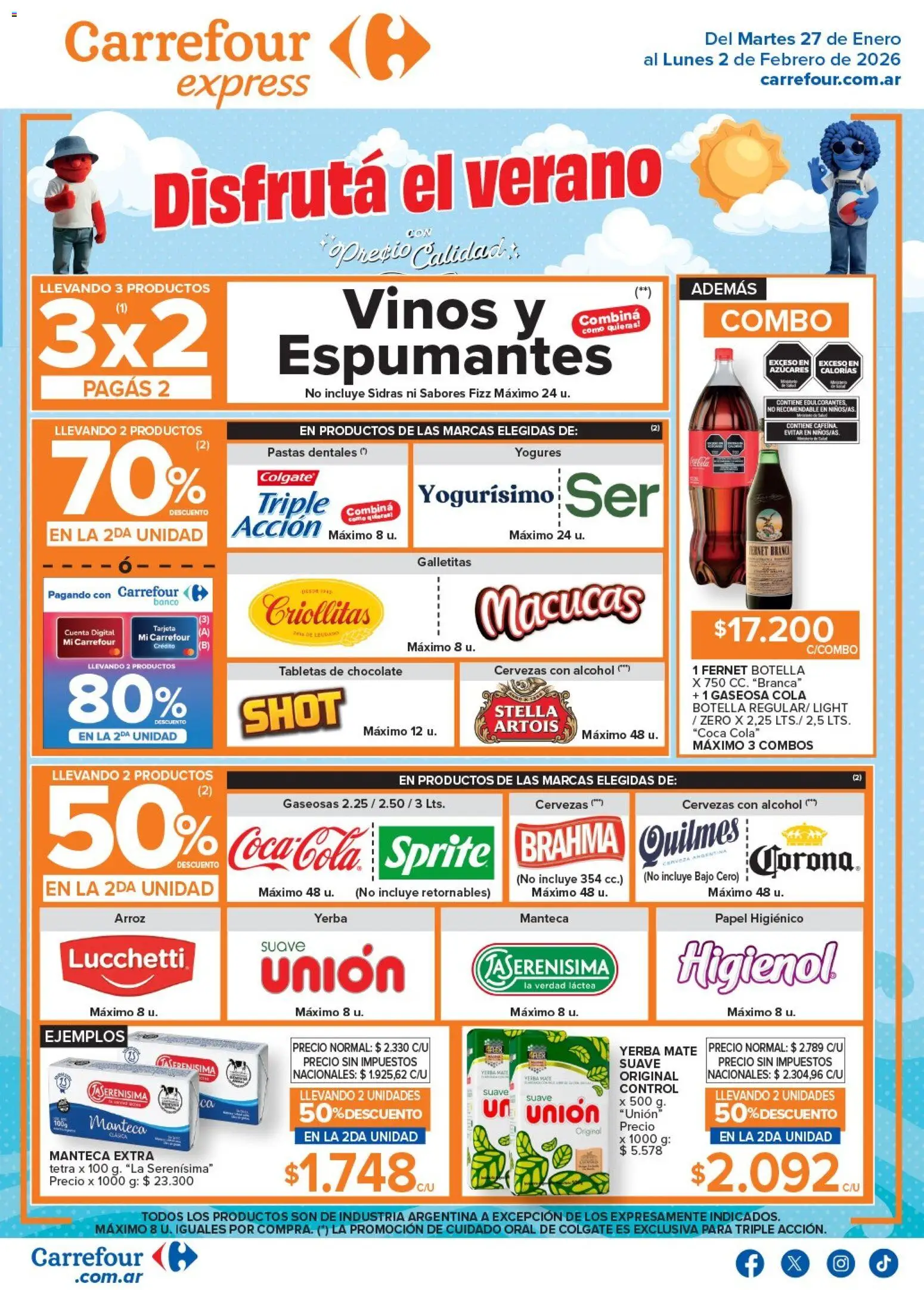 Carrefour - Ofertas Disfrutá el verano │ válido desde el 27.01.2026 | Página: 1 | Productos: Botella, Galletitas, Fernet, Manteca