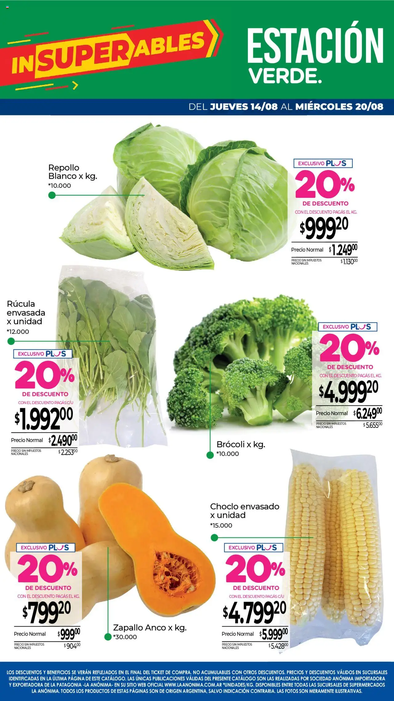 La Anonima catálogo │ válido desde el 14.08.2025 | Página: 6 | Productos: Choclo, Zapallo, Brocoli, Repollo