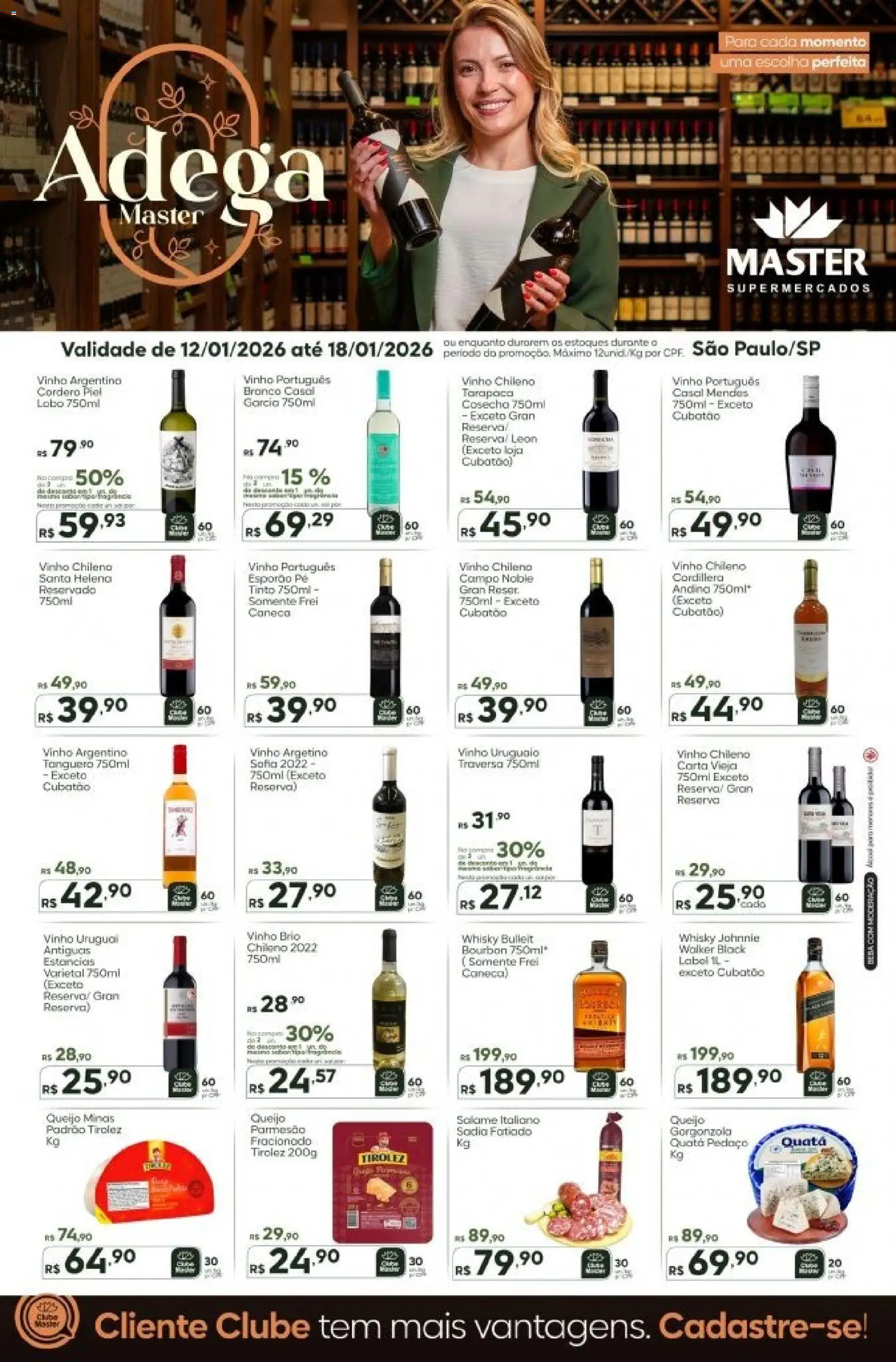 Master Folheto - válido de 12.01.2026 | Página: 1 | Produtos: Queijo, Caneca, Vinho, Bourbon