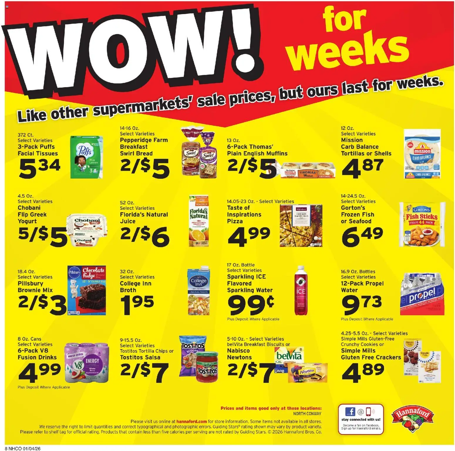 Hannaford Weekly Ad - valid from 04.01.2026 | Page: 8 | Products: Box, Yogurt, Pizza, Seafood
