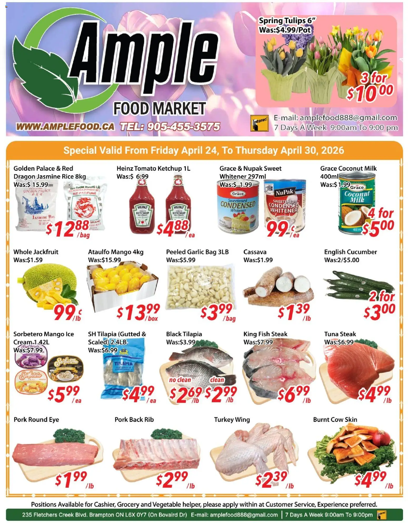 Ample Food Market flyer valid from 24.04.2026 | Page: 1 | Products: Rice, Fish, Box, Pork