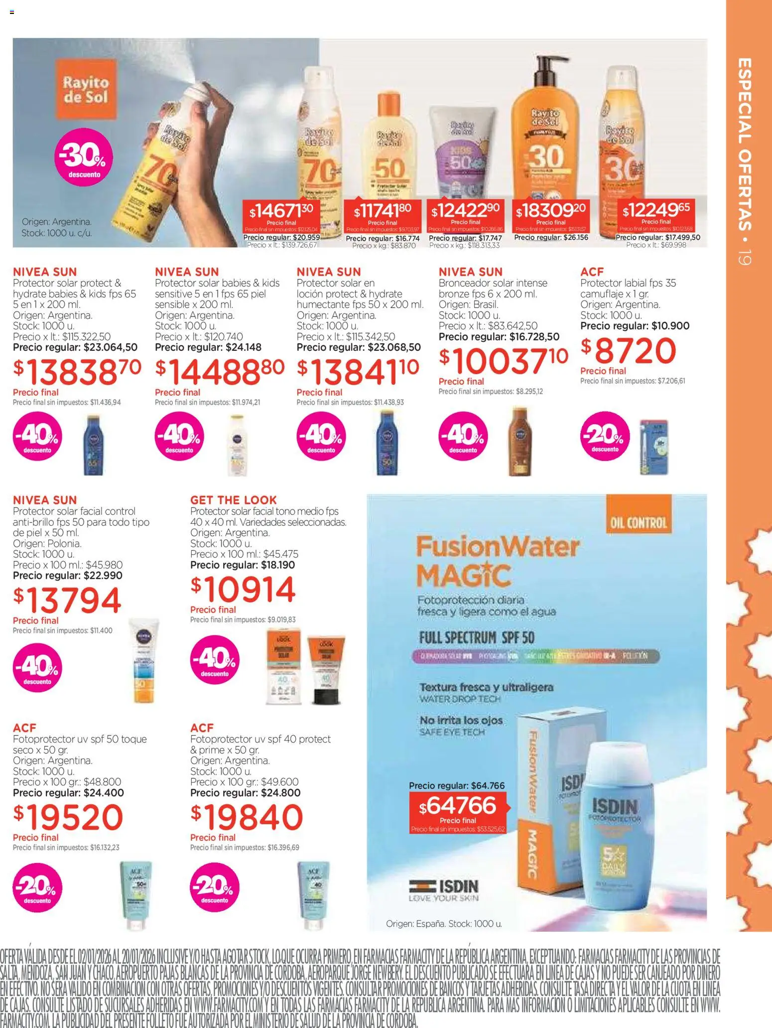 Farmacity catálogo │ válido desde el 02.01.2026 | Página: 19 | Productos: Bronceador, Protector solar, Loción, Agua