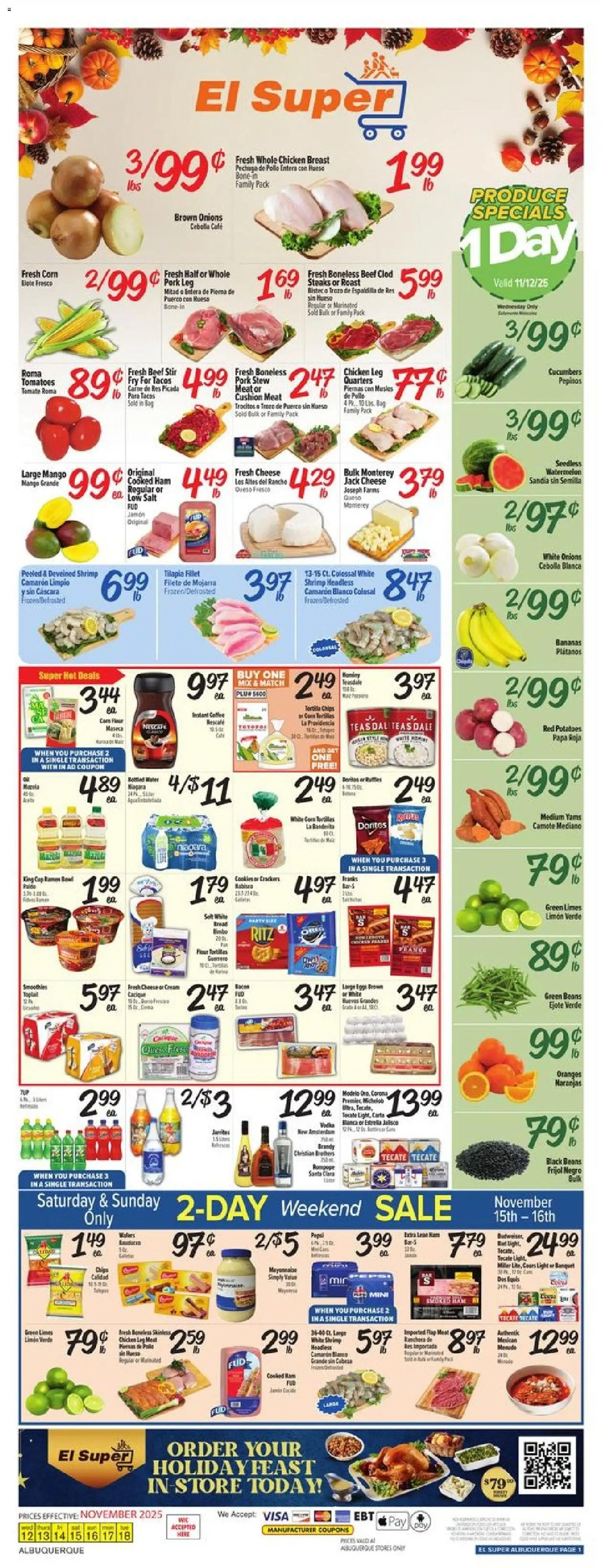 El Super Weekly Ad - NM - valid from 12.11.2025 | Page: 1 | Products: Corn, Cucumbers, Vodka, Bag