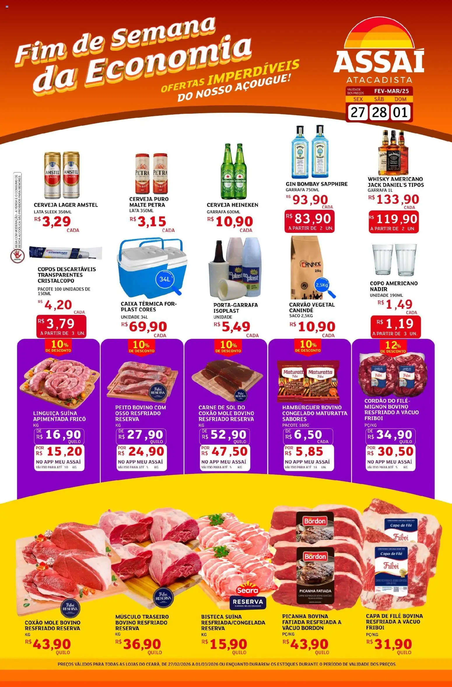 Assaí Atacadista Folheto - válido de 27.02.2026 | Página: 1 | Produtos: Carvão vegetal, Whisky, Cerveja, Gin