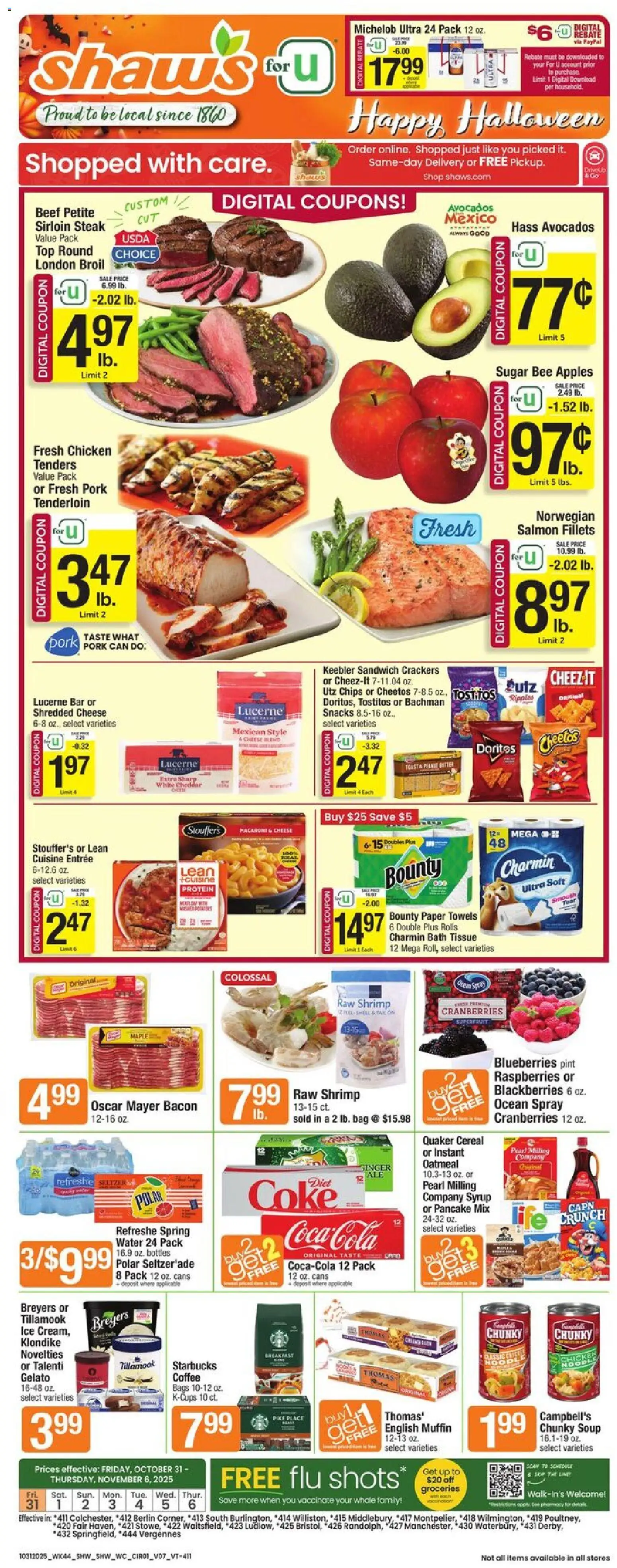 Shaw's Weekly Ad - VT - valid from 31.10.2025 | Page: 1 | Products: Apples, Chips, Sugar, Bag