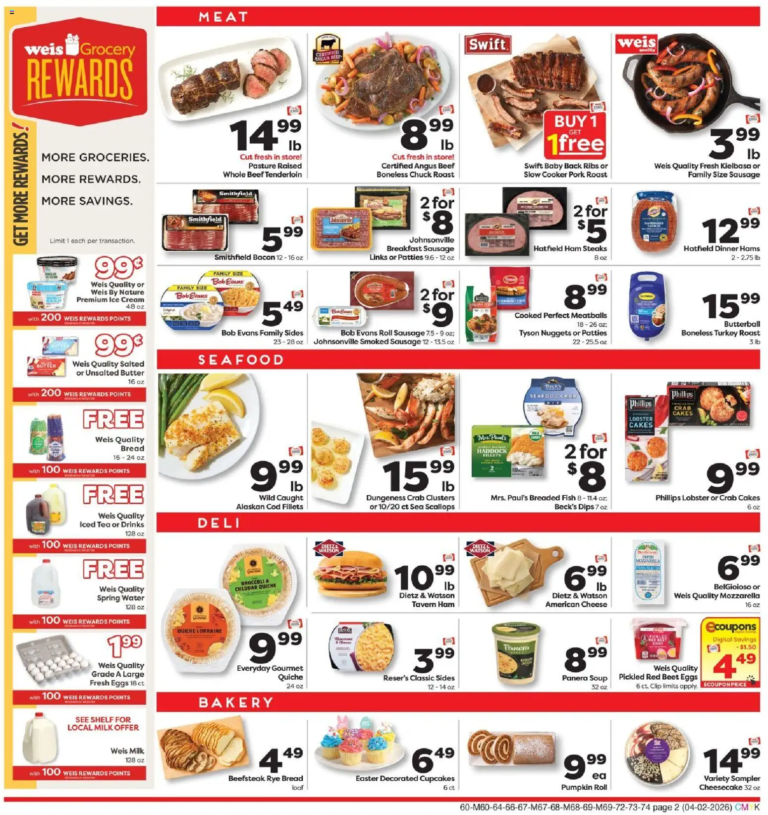 Weis Weekly Ad - valid from 02.04.2026 | Page: 2 | Products: Bakery, Bread, Ice cream, Water