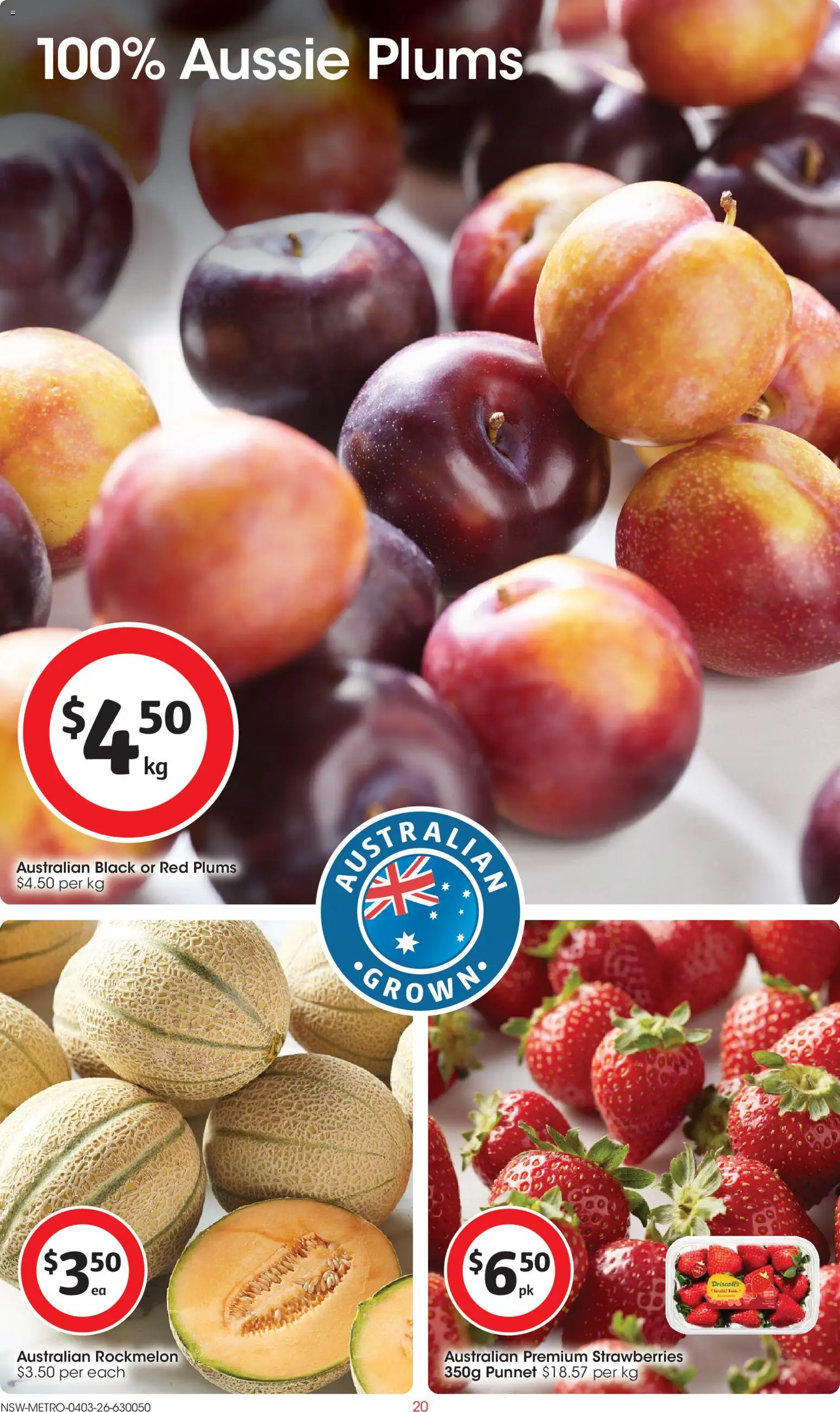 Coles catalogue - valid from 04.03.2026 | Page: 20 | Products: Strawberries, Rockmelon, Plums