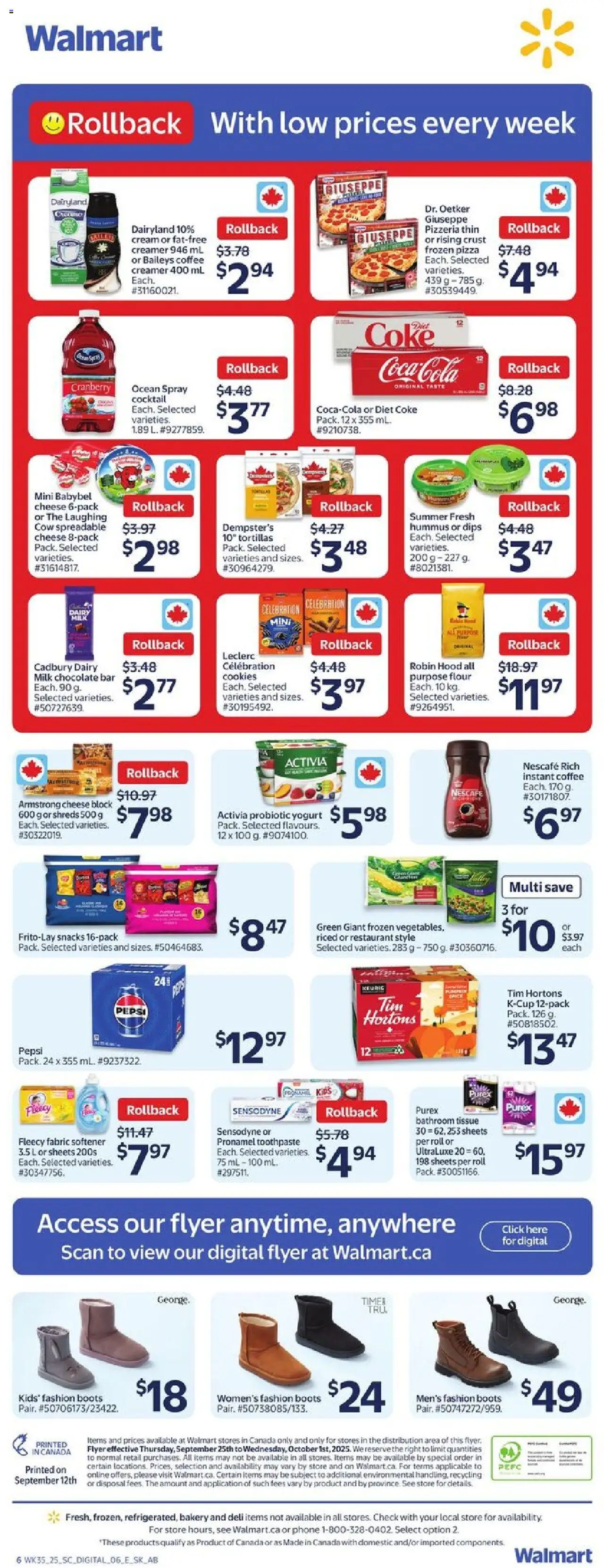 Walmart flyer valid from 25.09.2025 | Page: 2 | Products: Boots, Phone, Yogurt, Pizza