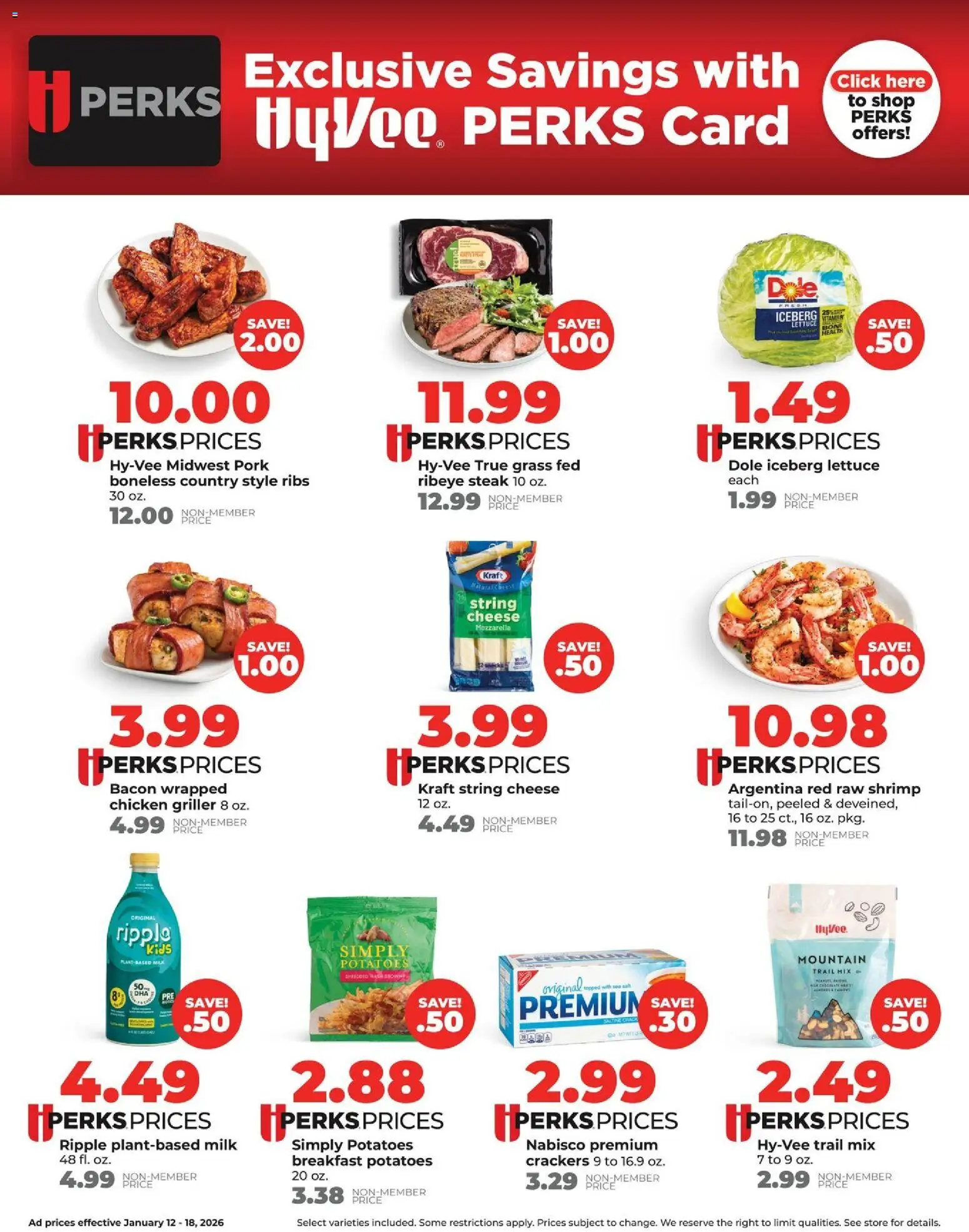 HyVee Weekly Ad - valid from 12.01.2026 | Page: 3 | Products: Milk, Cheese, Pork, Potatoes