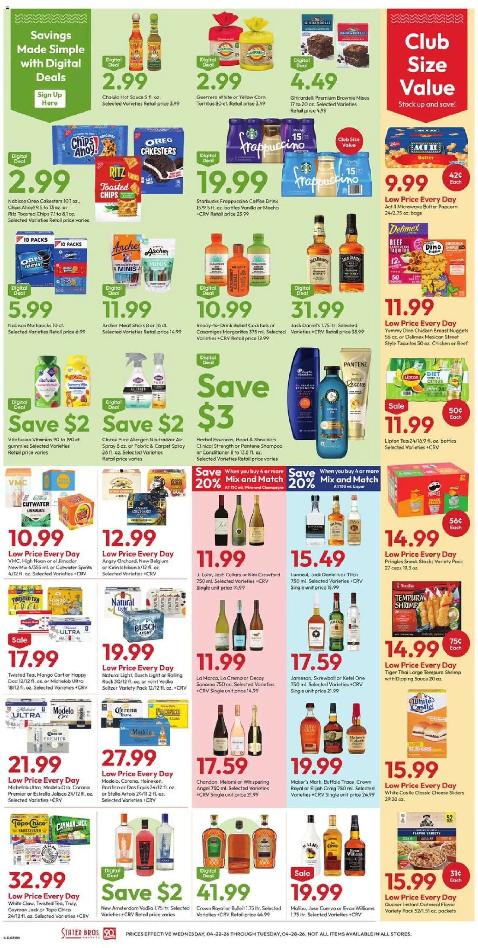 Stater Bros Weekly Ad - valid from 22.04.2026 | Page: 4 | Products: Corn, Cheese, Microwave, Wine