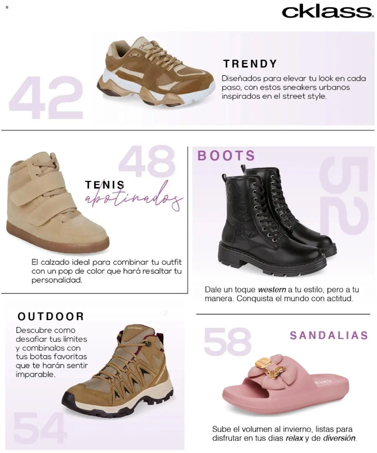 Nuevas ofertas de Cklass válidas en toda la República Mexicana desde el 16.09.2025. ¡Encuentra las mejores ofertas en Cklass - Catálogo Invierno Sportbrands! | Página: 240 | Productos: Tenis, Botas, Sandalias, Té