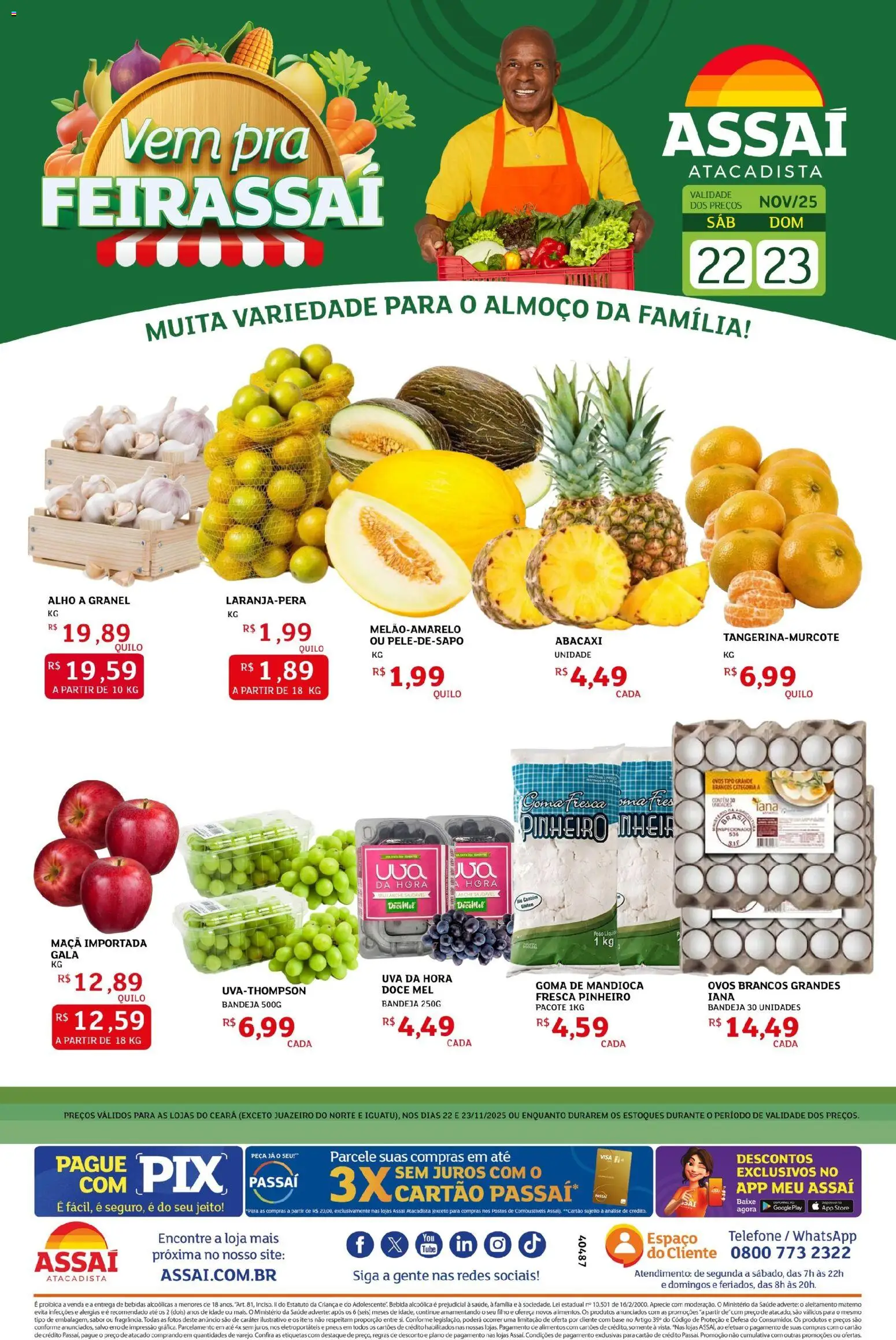 Assaí Atacadista Folheto - válido de 22.11.2025 | Página: 1 | Produtos: Mandioca, Abacaxi, Mel, Telefone