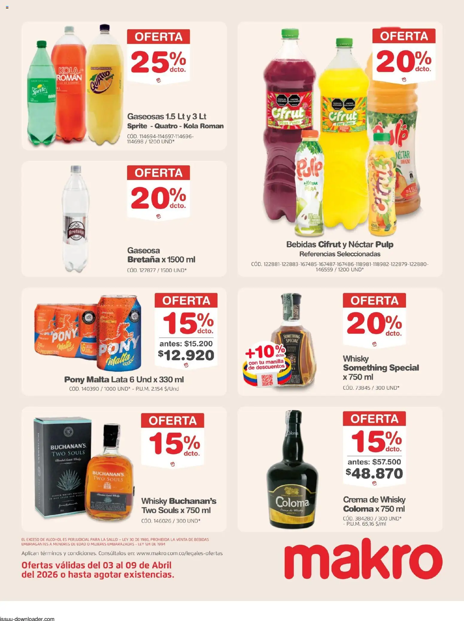 Makro revista - valida desde el 03.04.2026 | Página: 16 | Productos: Whisky, Gaseosa, Pera, Tintura