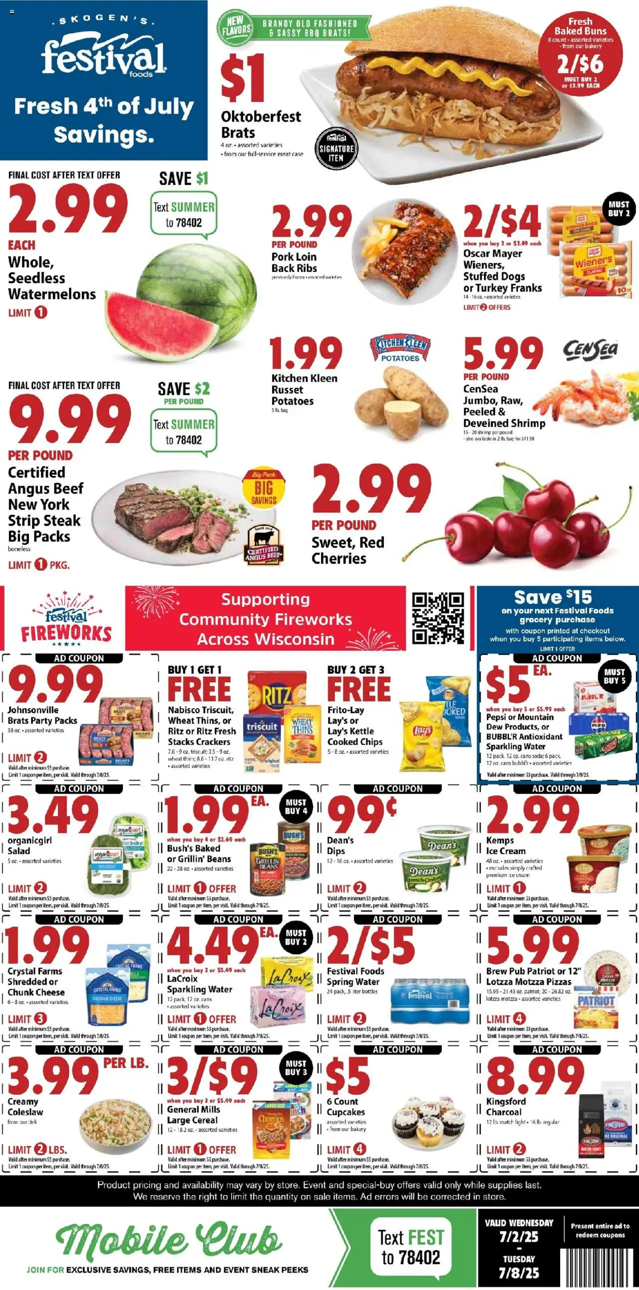 Festival Foods Weekly Ad - valid from 02.07.2025 | Page: 1 | Products: Bakery, Ice cream, Potatoes, Water