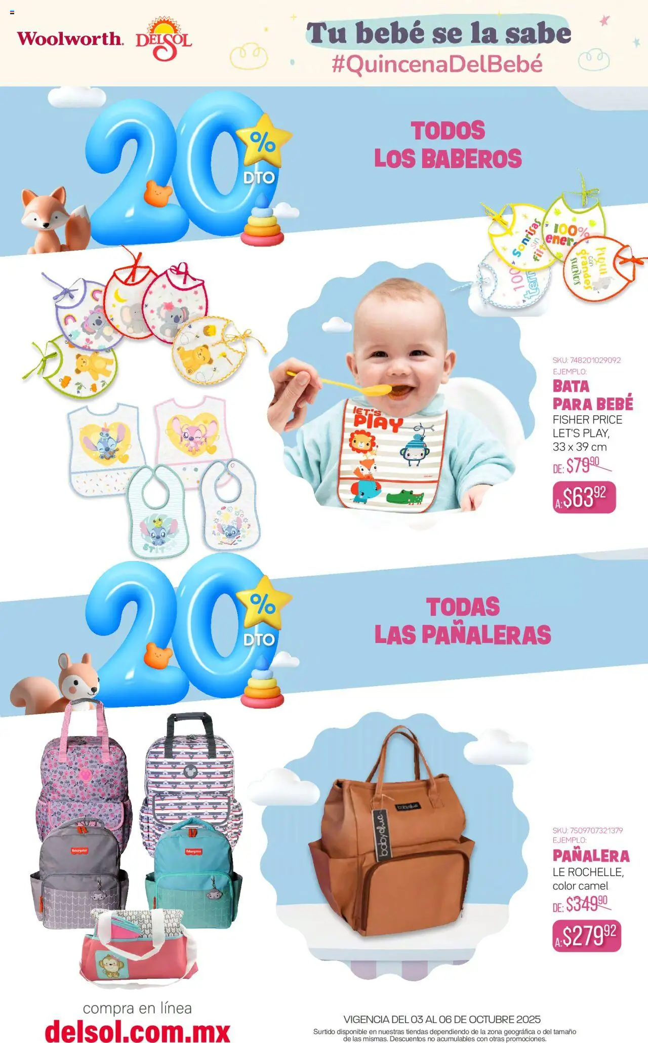 Nuevas ofertas de Del Sol y Woolworth válidas en toda la República Mexicana desde el 03.10.2025. ¡Encuentra las mejores ofertas en Del Sol y Woolworth - Catálogo Quincena del Bebé Accesorios! | Página: 9 | Productos: Bata