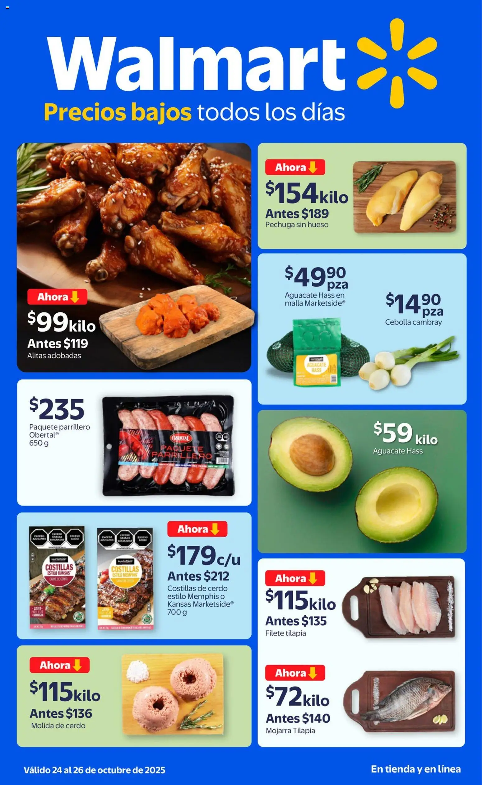 Nuevas ofertas de Walmart válidas en toda la República Mexicana desde el 24.10.2025. ¡Encuentra las mejores ofertas en Walmart - Folleto Precios Bajos! | Página: 1 | Productos: Cebolla, Aguacate, Cerdo, Malla