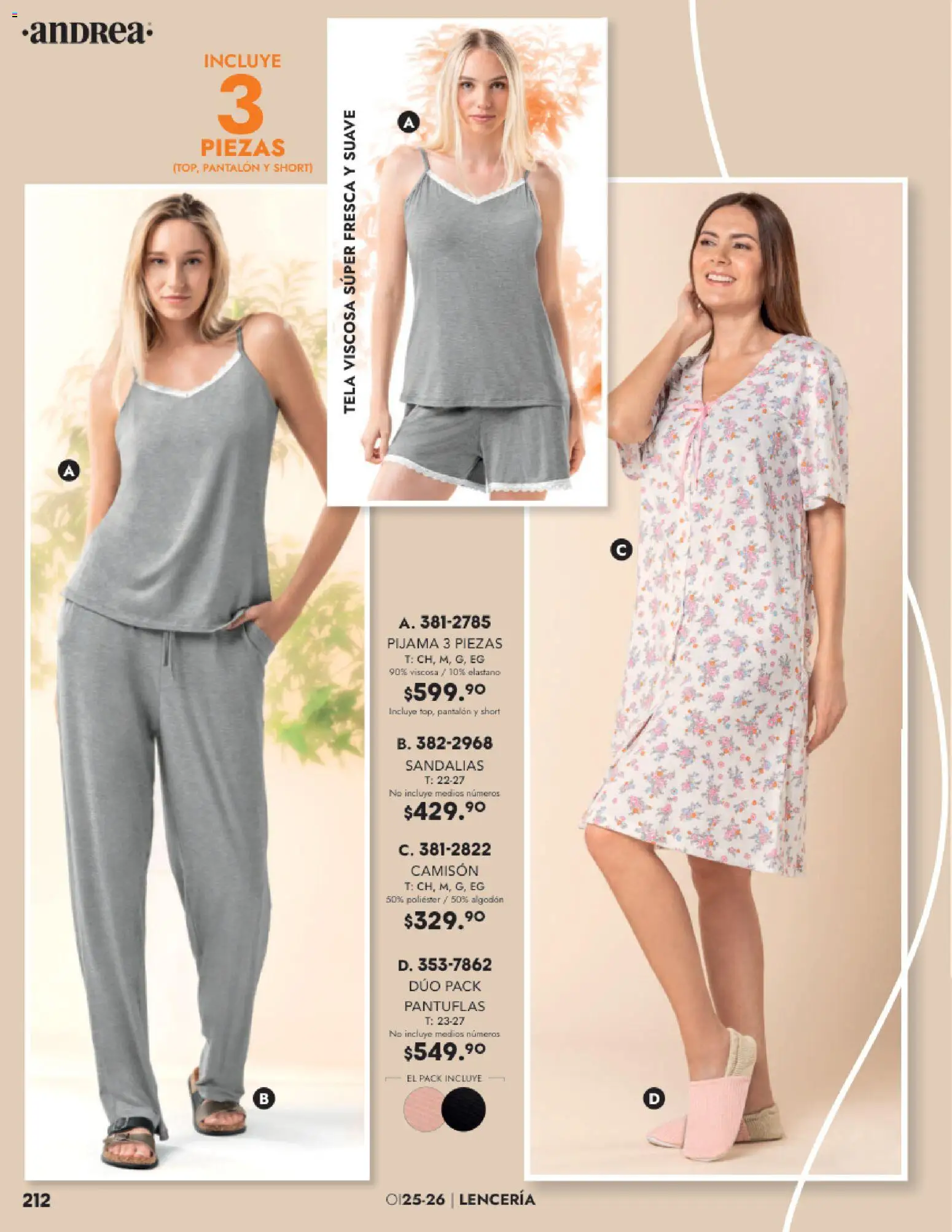 Nuevas ofertas de Andrea válidas en toda la República Mexicana desde el 26.11.2025. ¡Encuentra las mejores ofertas en Andrea catálogo Lancería, Vestir Interior otoño 2025! | Página: 48 | Productos: Pijama, Pantuflas, Short, Camisón
