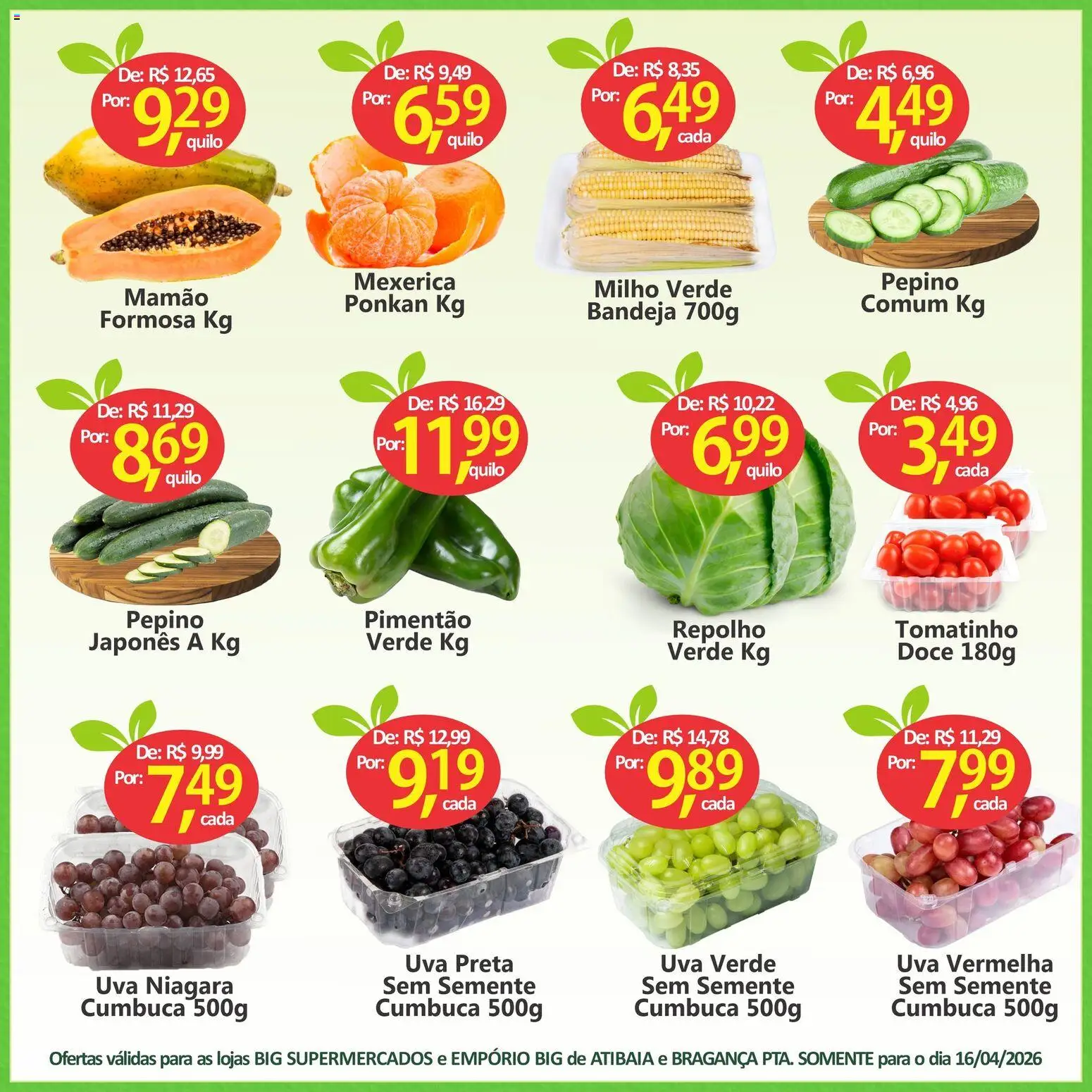 Big Supermercados Folheto - válido de 16.04.2026 | Página: 3 | Produtos: Mexerica, Pimentão, Milho verde, Repolho