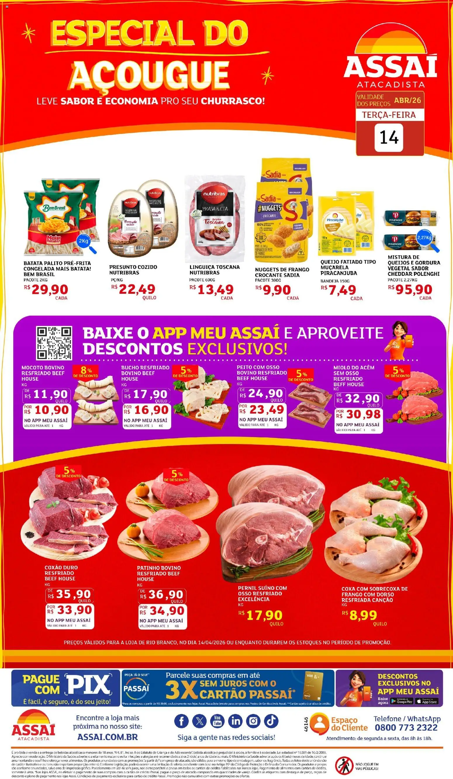 Assaí Atacadista Folheto - válido de 14.04.2026 | Página: 1 | Produtos: Muçarela, Pneus, Bebida, Peito de frango