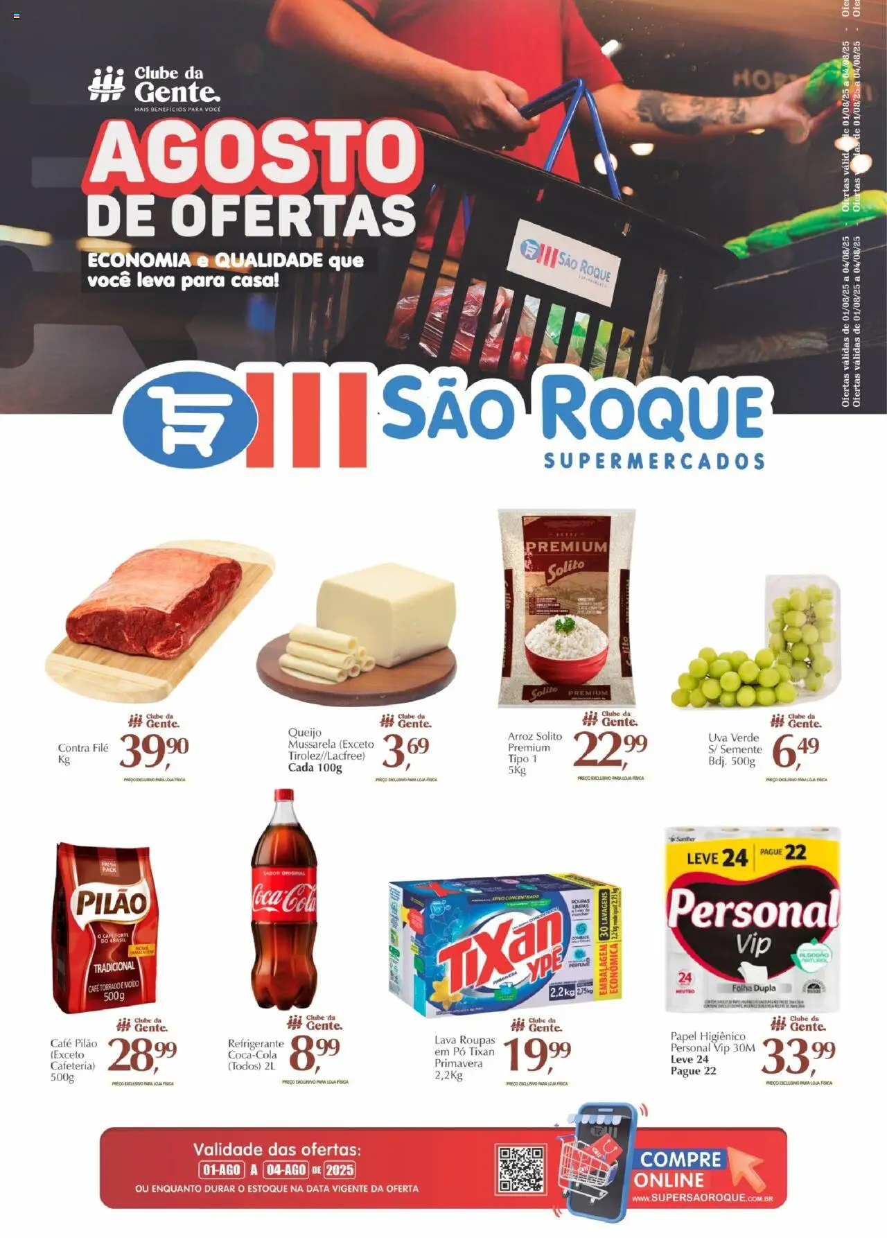 São Roque Supermercados Folheto - válido de 01.08.2025 | Página: 1 | Produtos: Pó, Contra filé, Arroz, Roupas