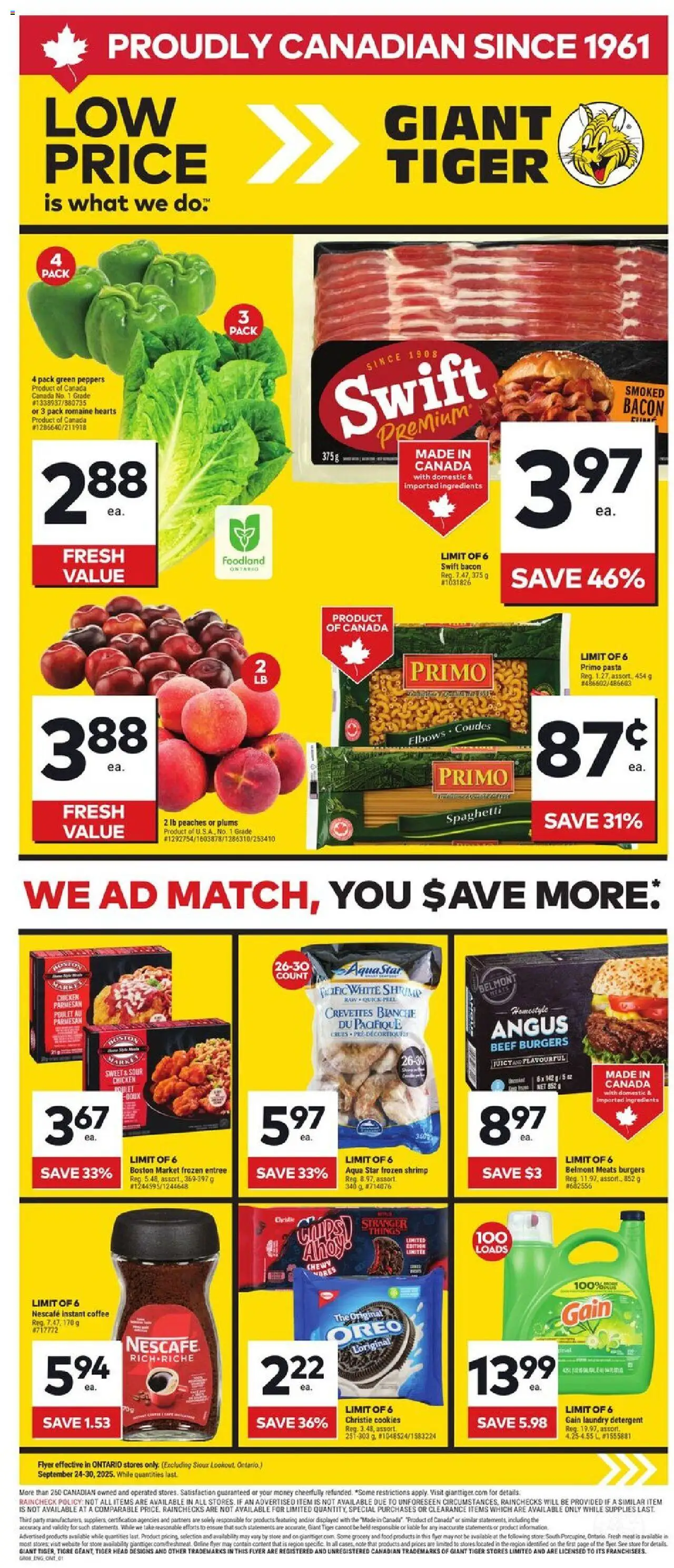 Giant Tiger flyer valid from 24.09.2025 | Page: 1 | Products: Beef, Cookies, Coffee, Chicken