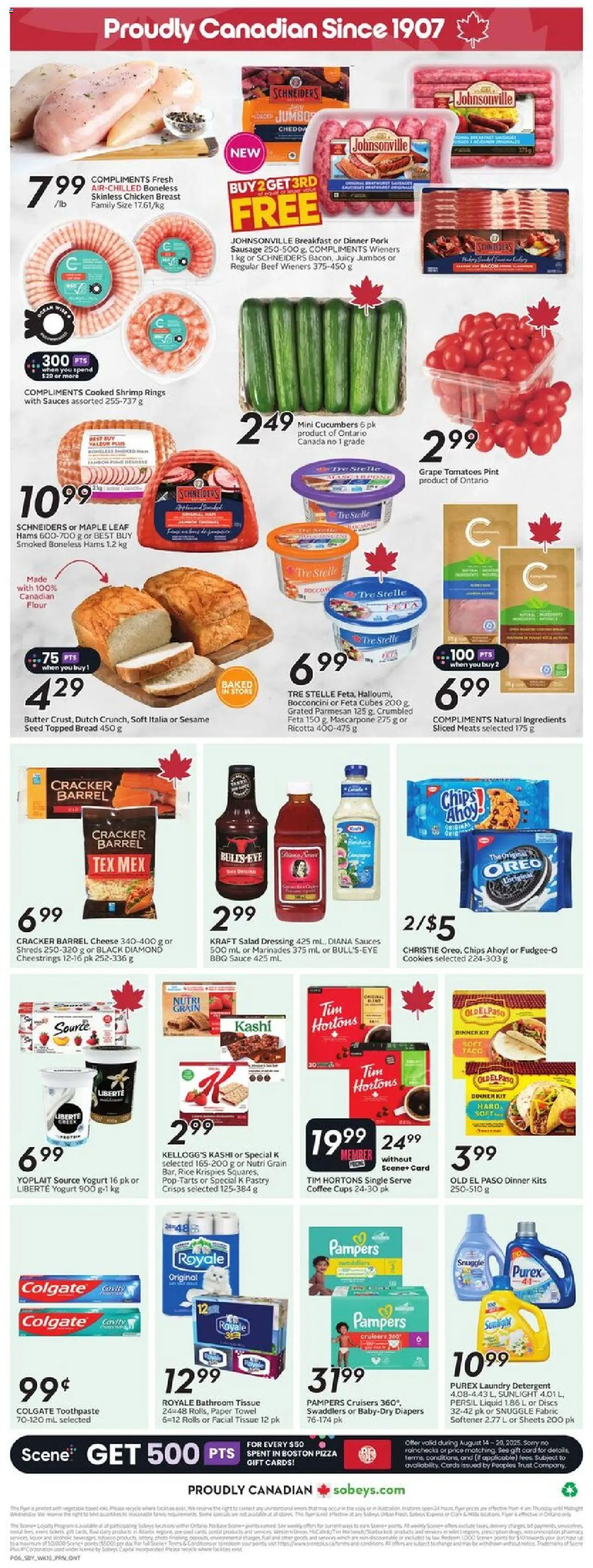 Sobeys flyer valid from 14.08.2025 | Page: 4 | Products: Beef, Toothpaste, Cheese, Pizza