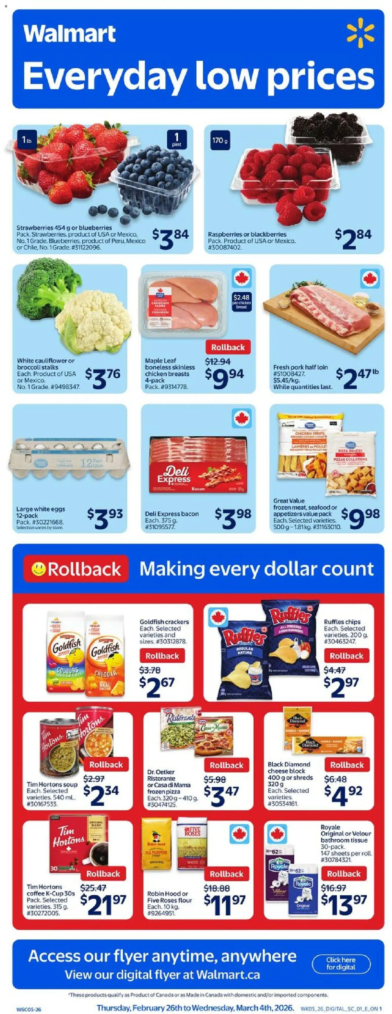 Walmart flyer valid from 26.02.2026 | Page: 1 | Products: Strawberries, Eggs, Pizza, Pork
