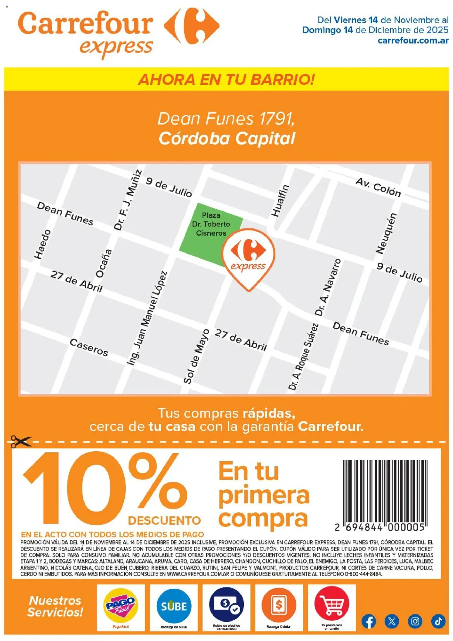Carrefour - Express | Dean Funes 1791, Córdoba Capital  │ válido desde el 14.11.2025 | Página: 1 | Productos: Teléfono, Cuchillo, Cerdo