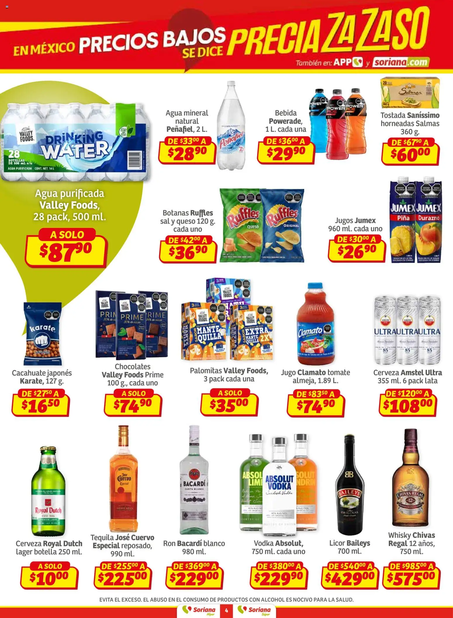 Nuevas ofertas de Soriana válidas en toda la República Mexicana desde el 30.01.2026. ¡Encuentra las mejores ofertas en Soriana - Preciazazaso Súper: Ags, Col, Gto, Jal, Mich! | Página: 4 | Productos: Sal, Botella, Vodka, Whisky