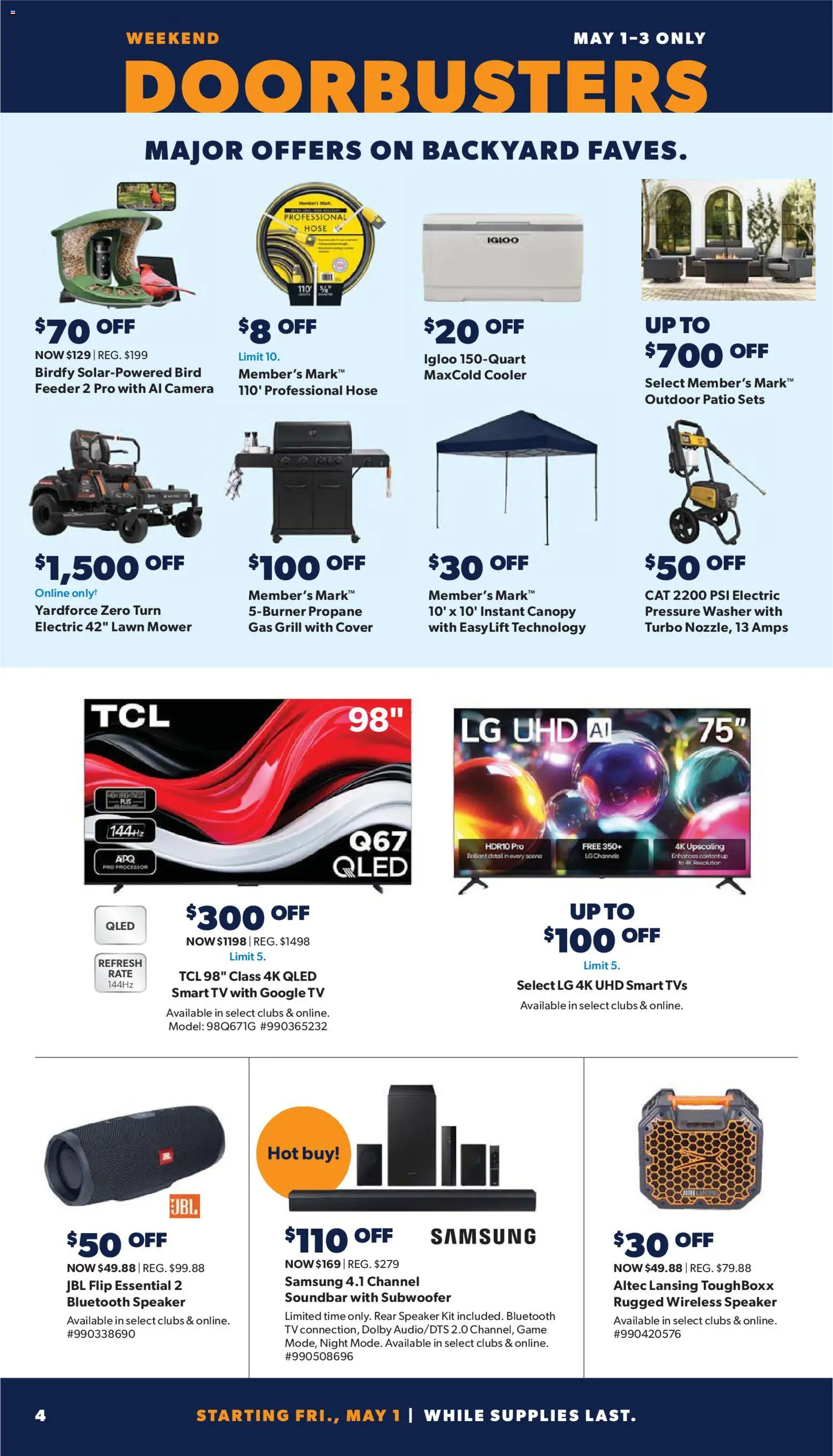 Sam's Club Weekly Ad - valid from 29.04.2026 | Page: 4 | Products: Lawn Mower, Subwoofer, Speaker, Grill