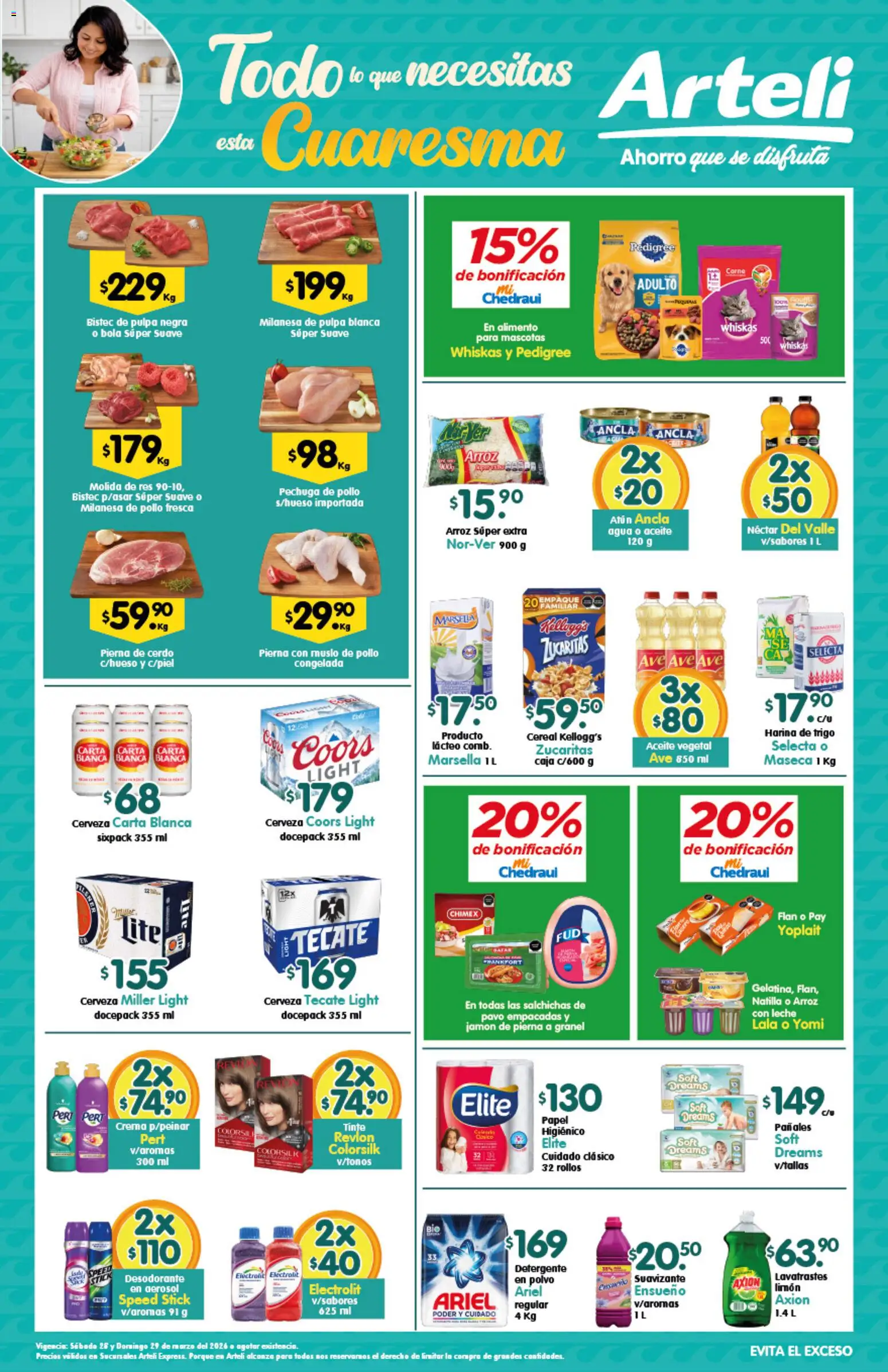 Nuevas ofertas de Arteli válidas en toda la República Mexicana desde el 28.03.2026. ¡Encuentra las mejores ofertas en Arteli folleto Express! | Página: 1 | Productos: Desodorante, Cerveza, Res, Suavizante